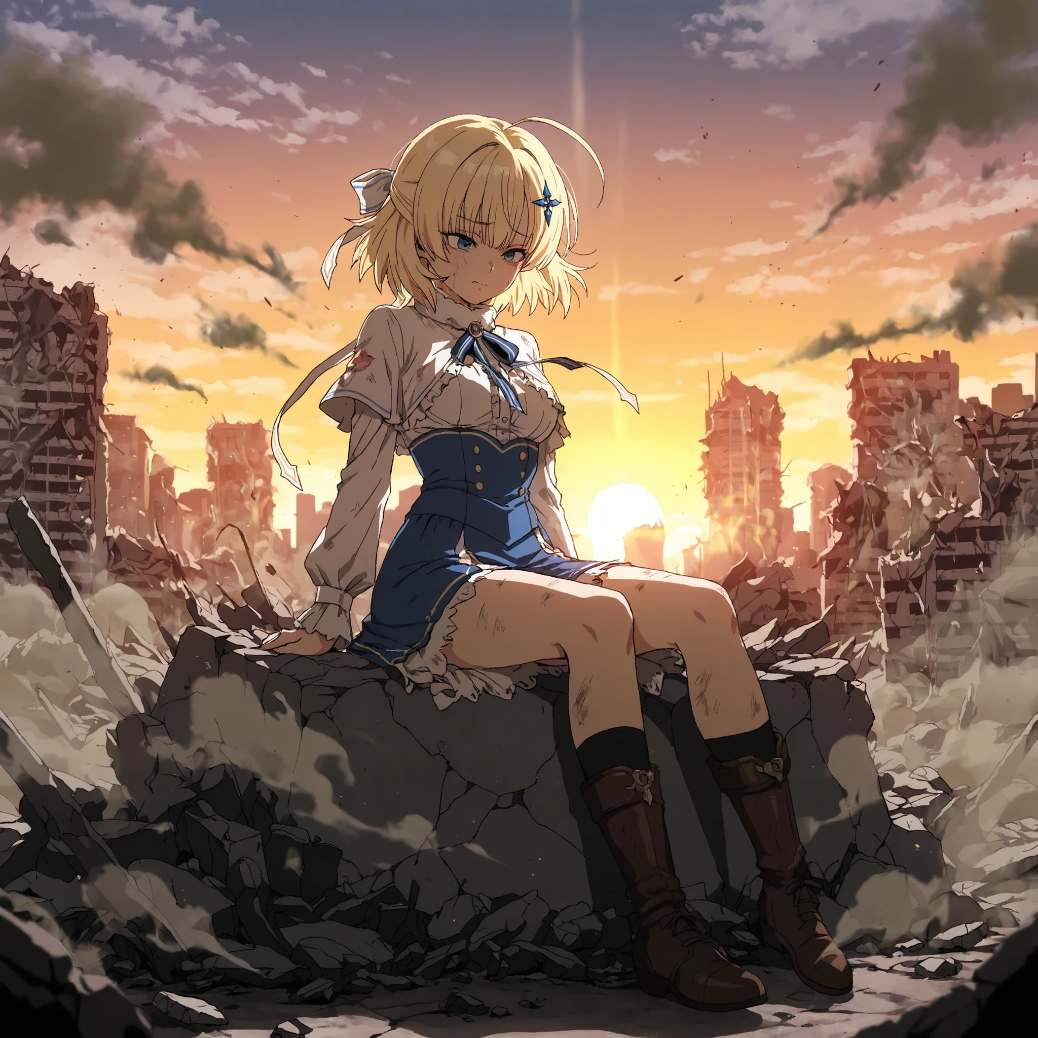 best quality, amazing quality, masterpiece, absurdres, ultra detailed, High Quality, High Resolution, High Definition, 1girl, Tina_Howard, solo, tattered clothes, exhausted expression, sitting on rubble amidst a destroyed city, aftermath of a great battle, smoldering ruins, dust in the air, watching the sunset, a faint golden Super Saiyan aura flickers and dies around her, melancholic atmosphere, contemplative.