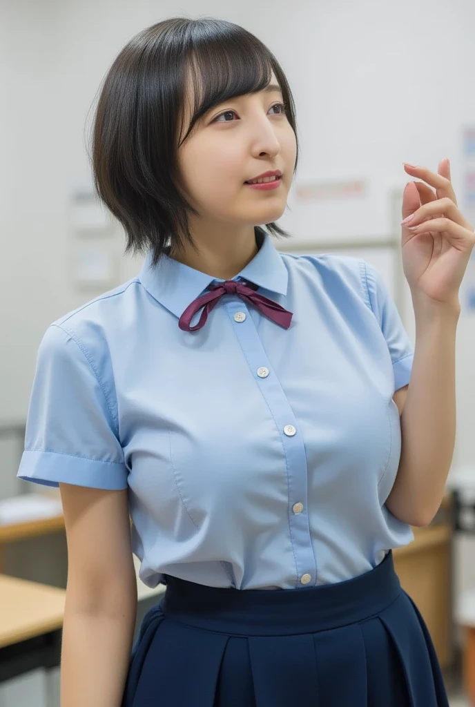 A young Indonesian women wearing white shirt and black skirt , ,short hair and bang,, big  ,smile at cameraclassroom is background 8k