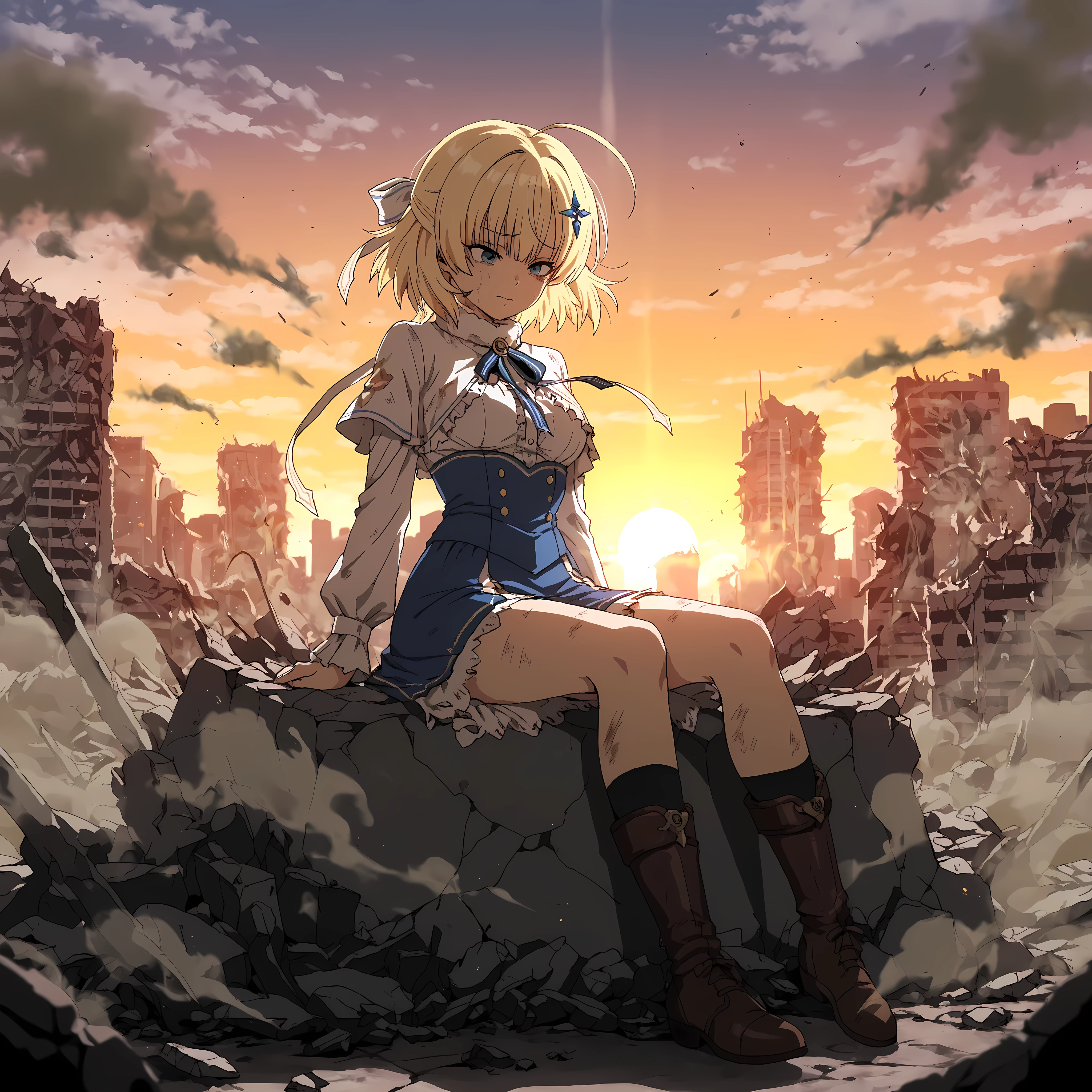 best quality, amazing quality, masterpiece, absurdres, ultra detailed, High Quality, High Resolution, High Definition, 1girl, Tina_Howard, solo, tattered clothes, exhausted expression, sitting on rubble amidst a destroyed city, aftermath of a great battle, smoldering ruins, dust in the air, watching the sunset, a faint golden Super Saiyan aura flickers and dies around her, melancholic atmosphere, contemplative.