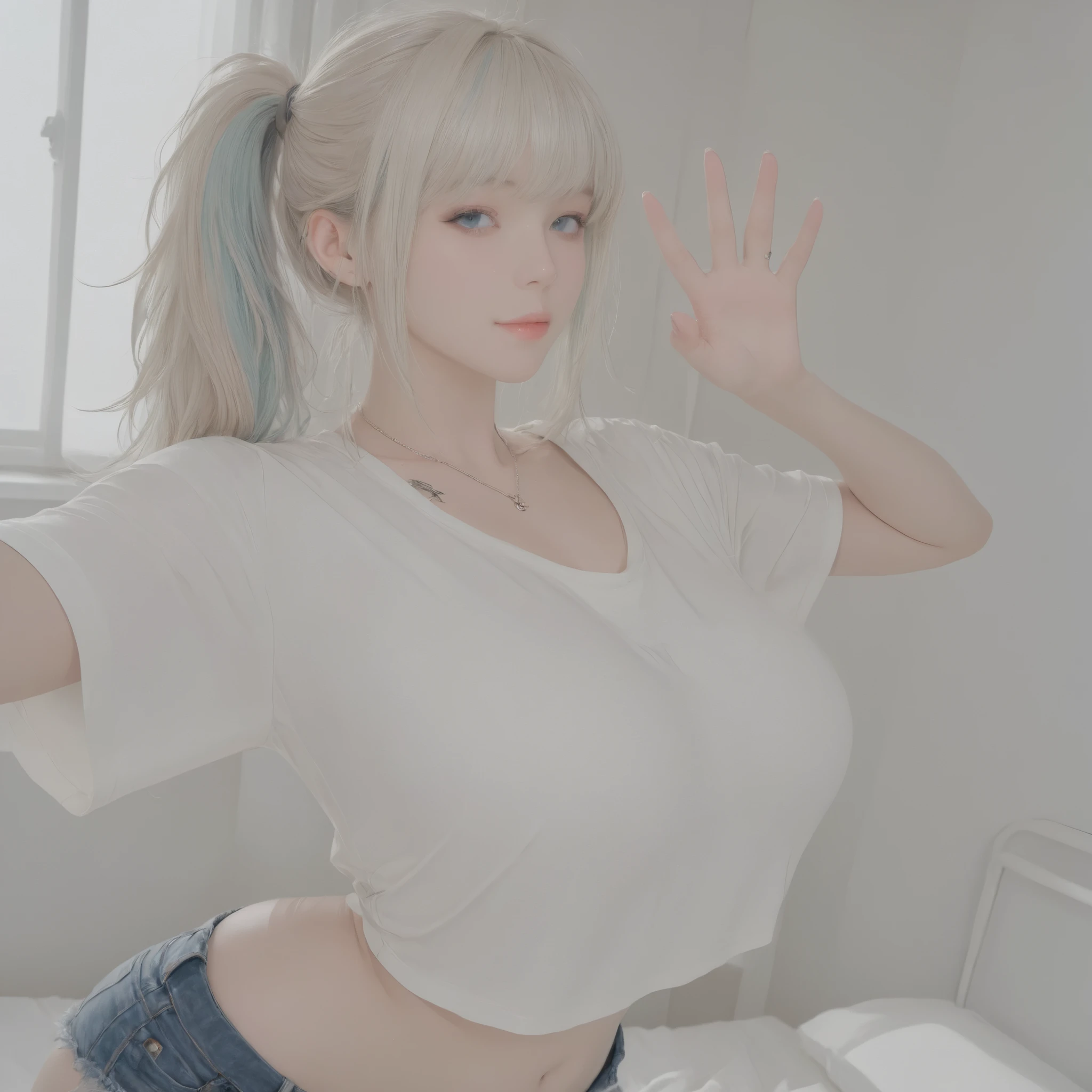 1 sexy girl ,  ( Two-tone hair , Light Blue Hair Pink Hair ), Blue Eyes , White-toned bedroom with window , big breasts , big breasts   , Beautiful round chest , Perfect chest , titsนูน , titsยื่น , titsแหลม , tits , Body Dwass , proportions, perfect shape , big hips , Big Butt , Perfect Skin ,for ponytail , ponytail , Earrings , Necklace  , Wear a sexy white tight-waisted oversized T-shirt with black lingerie edge-on denim shorts. ,  navel , (( Tattoosตามร่างกาย )) , ((Tattoos)) , Dynamic angle , looking at the viewer ,Looking straight ahead