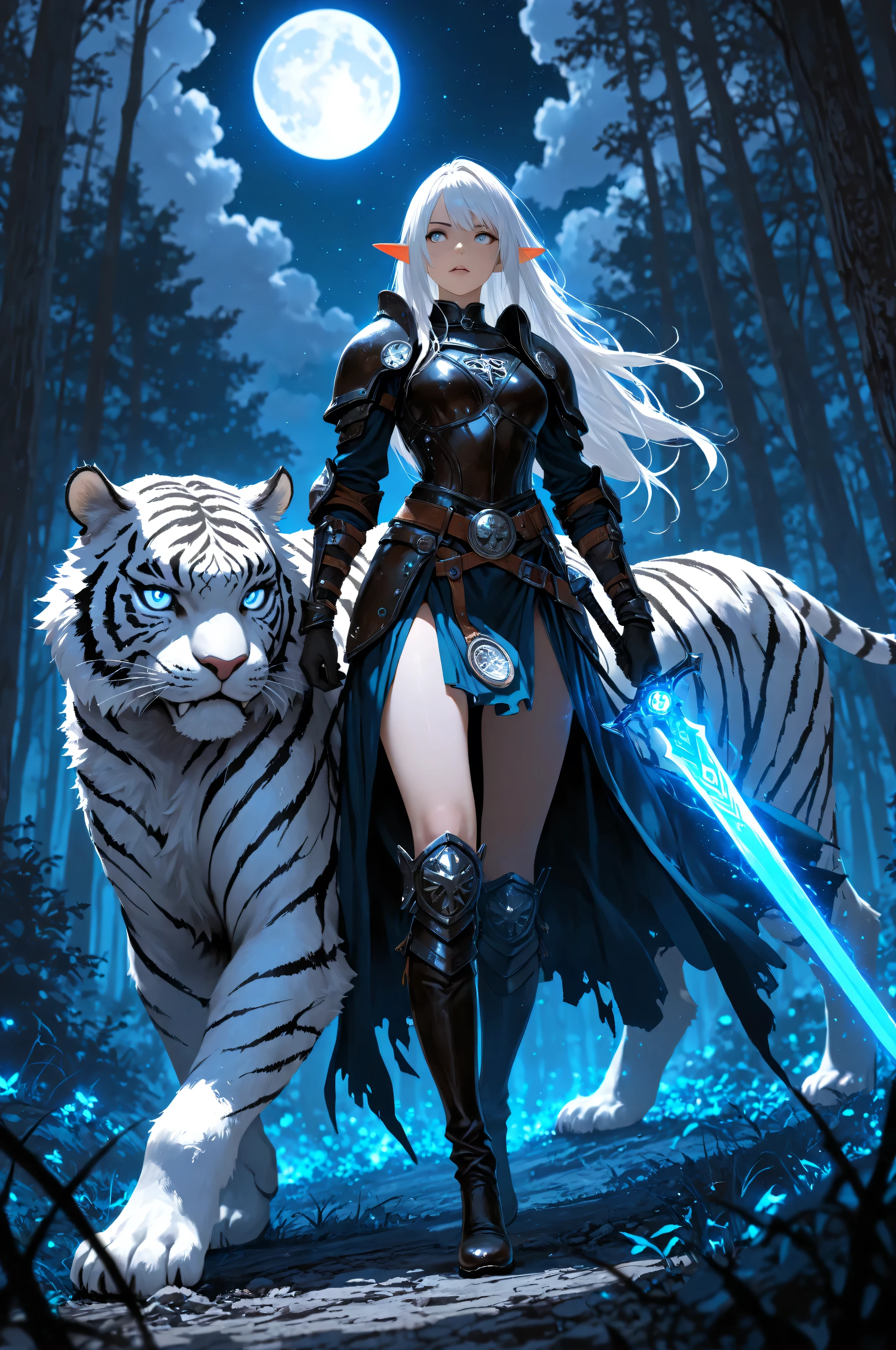picture of a female dark elf ranger and her pet white tiger, warrior of nature, fighter of nature, a female beautiful epic drow wearing leather armor (masterpiece best quality, amazing quality), leather boots, black skin, thick hair, long hair, white hair, pale skin intense eyes, full body, full body, talking to an epic ((white tiger)) armed with a magical sword masterpiece, best quality, high quality, detailed, absurdres, epic magical sword, glowing in blue light , in dark forest, forest background, moon light, stars light, clouds (masterpiece best quality amazing quality), high details, best quality, 16k, masterpiece, best quality, high quality, detailed, absurdres, fantasy art, RPG art, a wide angle dynamic angle, , high details, best quality, highres, ultra wide angle,, creating award winning, photorealism, depth of field, hyper realistic, low-key, glowing, ember
