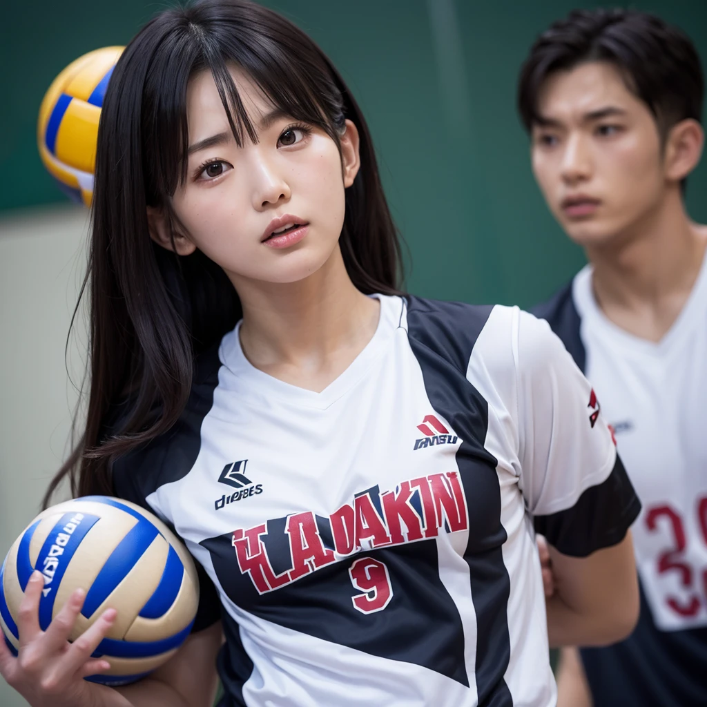 Arafed female volleyball player in blue uniform holding a ball, Wearing a volleyball jersey, erika ikuta, Chiho ashima, Yuki Morita, Akikazu Mizuno, Kazami Yuuka, Kazue Kato, Chiho, Yasumoto Oka, Hole in the Motto, Marine Kitagawa, yuuki hagure
