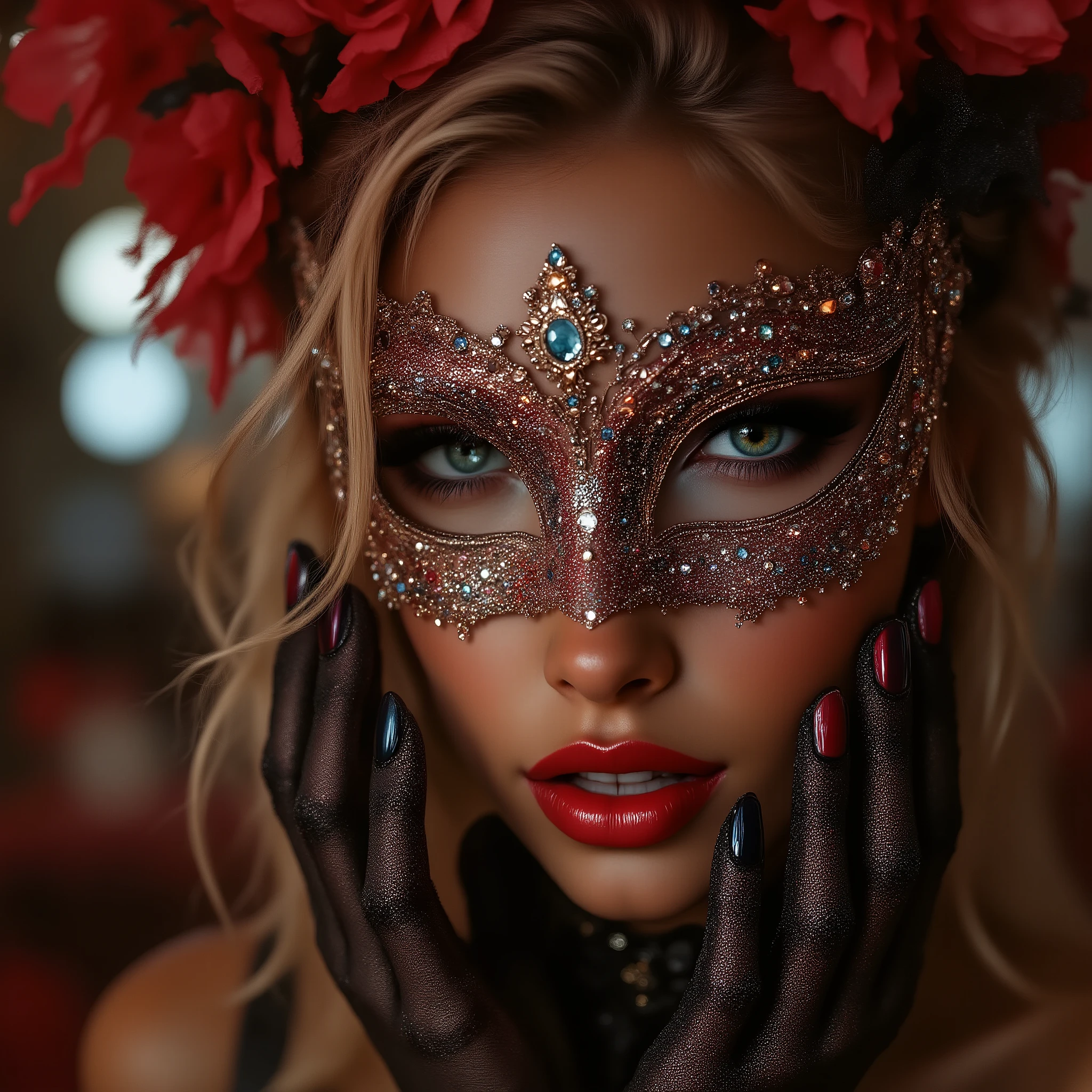  A woman getting ready for a masquerade ball, Put on the mesh eye mask you wear to a masquerade ball, [A mask with beautiful glittering decorations, Put on the mask], I see women, Hands and ((firm and full breasts:1.4)) are shown, Illustration of a masquerade ball, Expressive details, Artilove blow style, Bar scene , Ultra-realistic (photorealistic Realism), (ultra realistic texture details: velvety skin, hair), (Key Directive: - "The priority is the anatomical accuracy and texture of the materials" - "Ultra-sharp human eyes with biological accuracy"). ((not blurry eyes, high resolution, Realistic brown_eyes:1.4) intricate details:1.3),((extremely fine details eyes)),(extra narrow eyebrows),(extremely fine details of iris:1.3),((Vibrant eye digital art:delicately painted in mesmerizing array of colors:1.2))" wearing makeup: - "(professional pink_makeup:1.2),(Thin eyebrows),Carefully draw Long eyelashes:1.2,((perfect dark_eyeshadows:1.3)),detailed lips:1.3,(apply glossy red_lipstick:1.3)" beautiful cheekbones, ((well-muscled body:1.3)), [dark blonde hair (short hair, slicked to one side) intricately details)] (Post-Processing: - "Frequency separation for skin vs eye details" - "Selective sharpening: eyes200% , hair150%"- "shiny skin floats below the waist"nail/[black see-through gloves & elegant mesh gloves], "white teeth, oiled skin. no blur sharp focus on all body" 