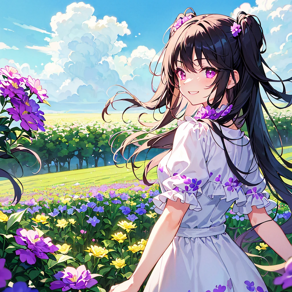 MASTERPIECE, best quality, high quality, extremely detailed, very delicate and beautiful, (1 female 18 years old solo: 1.2), (long black hair, two-side up to waist: 1.4), fringes to eyebrows, eyes. (eyes sharp, strong glossy glossy eyes, eyebrows glossy, (eye colour magenta: 1.3), 6.5 head tall, (shirt: 1.3), skirt, knee socks, lace, (melancholy expression), (hands folded), (dynamic pose), (background hydrangea garden: 1.3), (rain: 1.3).