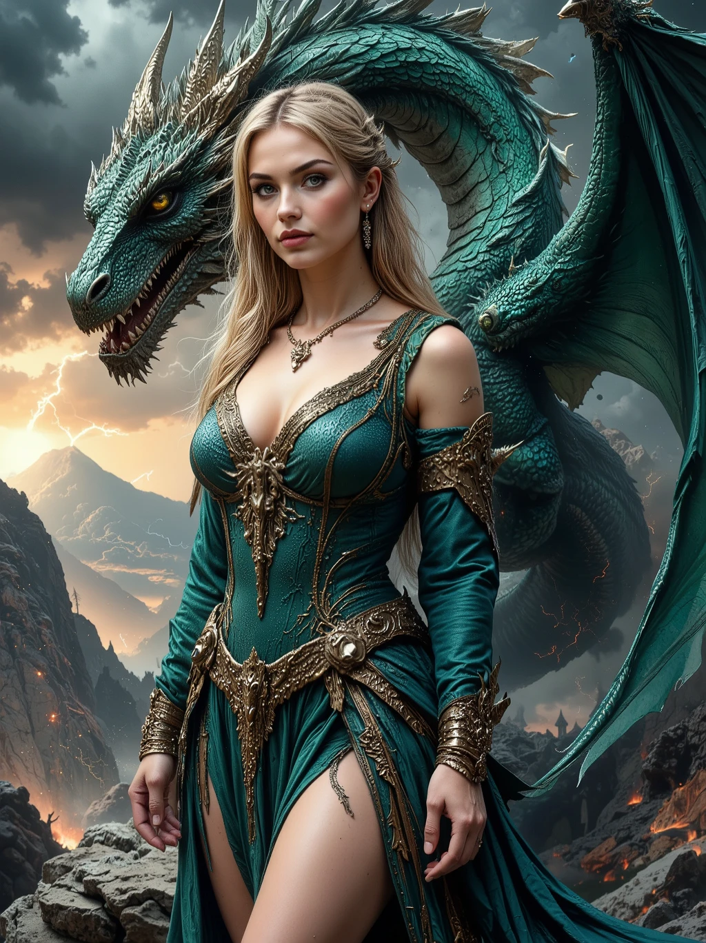 masterpiece, surreal landscape, painting style with watercolor, brush strokes, black eyes, colorful, vibrant colors, ultra hot gorgeous early 20's curvy European woman with sensational hourglass body, she is a tamer of dragons and a powerful witch, a beautiful young emerald wyrm is behind her in all his young draconic glory, wings spread framing her beauty, draconic head lowered, allowing her to scratch his chin, blonde hair, semi-real composition, dynamic sensual depiction, woman with long flowing blonde hair, dramatic surreal setting, searching look on her face, elaborate teal garment with intricate patterns and embroidery, open front exposing large heaving cleavage, deep valley between her full round breasts, hardened nipples visible through thin fabric, healthy tan skin to waist in V-shape, glistening with perspiration, flushed cheeks, slightly parted moist lips, breathing heavily with desire, garment slipping off one shoulder revealing smooth skin, tight fabric clinging to her curves, rocky landscape, moody atmosphere, jagged stones, rugged natural environment like battleground of ancient gods and primeval titans, vibrant sunset, warm hues of orange and yellow, sharp bolts of lightning in clouds, interplay of light and shadow, mystique, erotic tension, drama