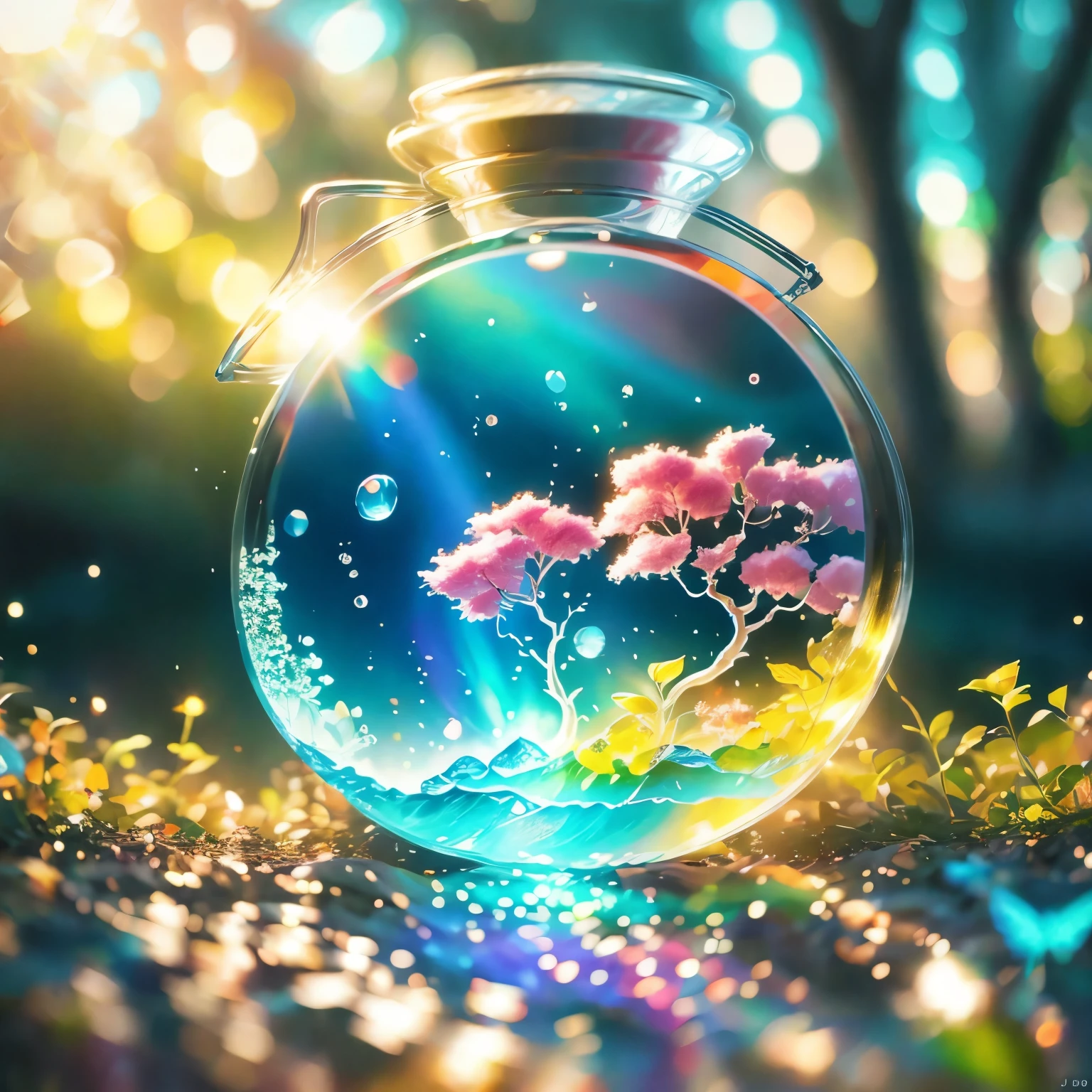 Cherry tree in a bottle, Fluffy, Practical, Atmospheric light refraction, photography:lee jeffries, Nikon d850 film stock photos 4 Kodak portra 400 camera f1.6 guns, Colorful, ultra Practical Practical textures, Dramatic Lighting, Unreal Engine Trends on artstation cinestill 800, Style - Glass