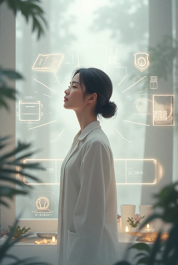 ((1 girl - solo, full length, waist-length, loose - relaxed pose, standing)), ((masterpiece, best quality: 1.3), (ultra detail: 1.3), (best quality, high resolution, photo realistic: 1.37)). ((Orange, pink, white, and green details), (girl, in flower-T, starry sky-white hair), Big Breasts: 1.7, (dark hair, shoulder length, long hair), (elegant body, dark stylish T-shirt , tech clothes: 1.1), (beautiful hands in jewelry bracelets, (Rockstar)). ((Calm look, relaxed pose, standing)). ((Abstract background with lines and circles), (Technical background - abstraction), (high-tech), (many flowers - lilies), (flowers look amazing), mostly in light colors: (white, blue, yellow, gold)).((Best quality), (surrealism: 1.3), (masterpiece: 1.2) , (fantasy: 1.2, surrealism: 1.3), ((High resolution, sharp image), (best quality: 1.37), (realistic 3D visualization), (adjustments, soft light-shadow, flooded sunlight, contrast shadows – cold tones, warm soft light)). (Technical background - abstraction), (modern style, HD detail, cinematic, surrealism, Deep focus, ray tracing, Diffusion)).