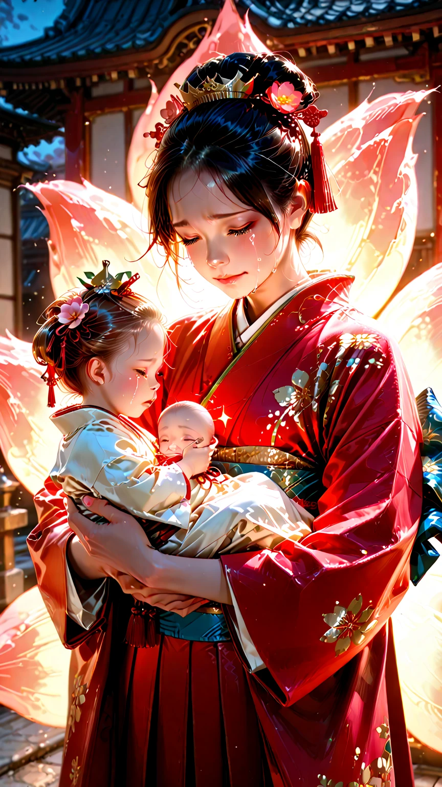 A one-year-old baby boy in an ancient Chinese baby costume with his beautiful mother, dressed in an ancient Chinese costume, Take a walk in the rose garden. Bright red, large flowers surround you. The atmosphere after rain. The air is humid, with water droplets and small water droplets clinging around, playing with each other, with his handsome father standing next to his mother, close up
