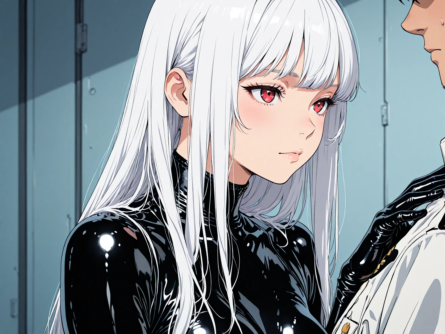 8K UHD、A beautiful woman with medium-length silver hair wearing glasses and a  sweatsuit is posing for a gravure photoshoot.、Shiny  sweatsuit with hidden skin、Upper Body Up、 there is a woman in a black dress posing for a picture, Wearing  costumes, wearing black  outfit, sexy dress, shiny black dress, black leather slim clothes