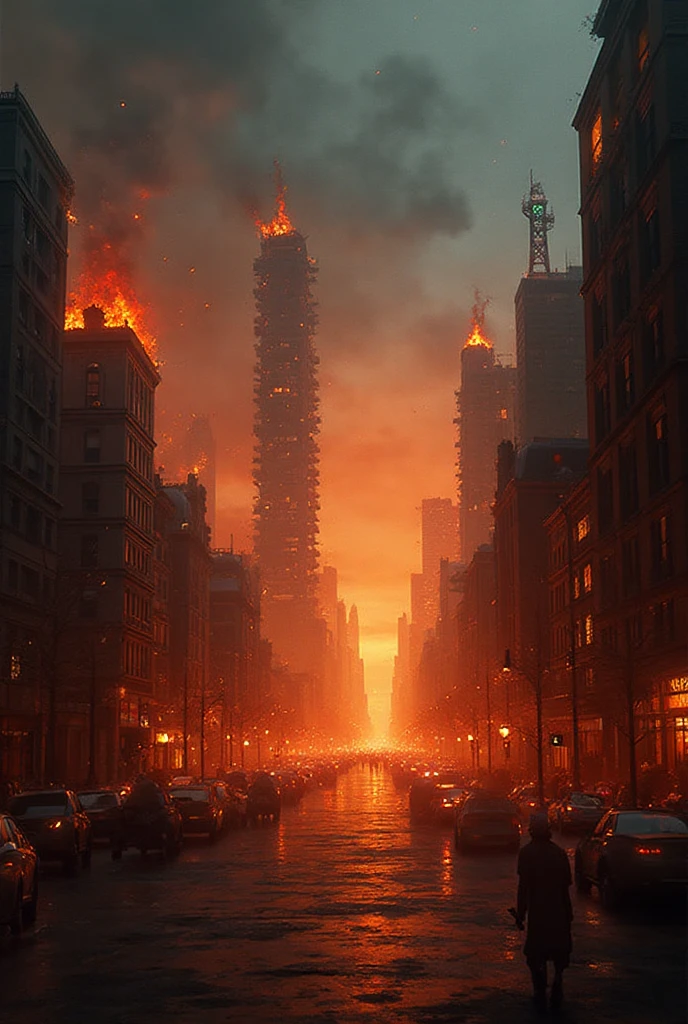 Remove the background and add a City burning with flames - SeaArt AI
