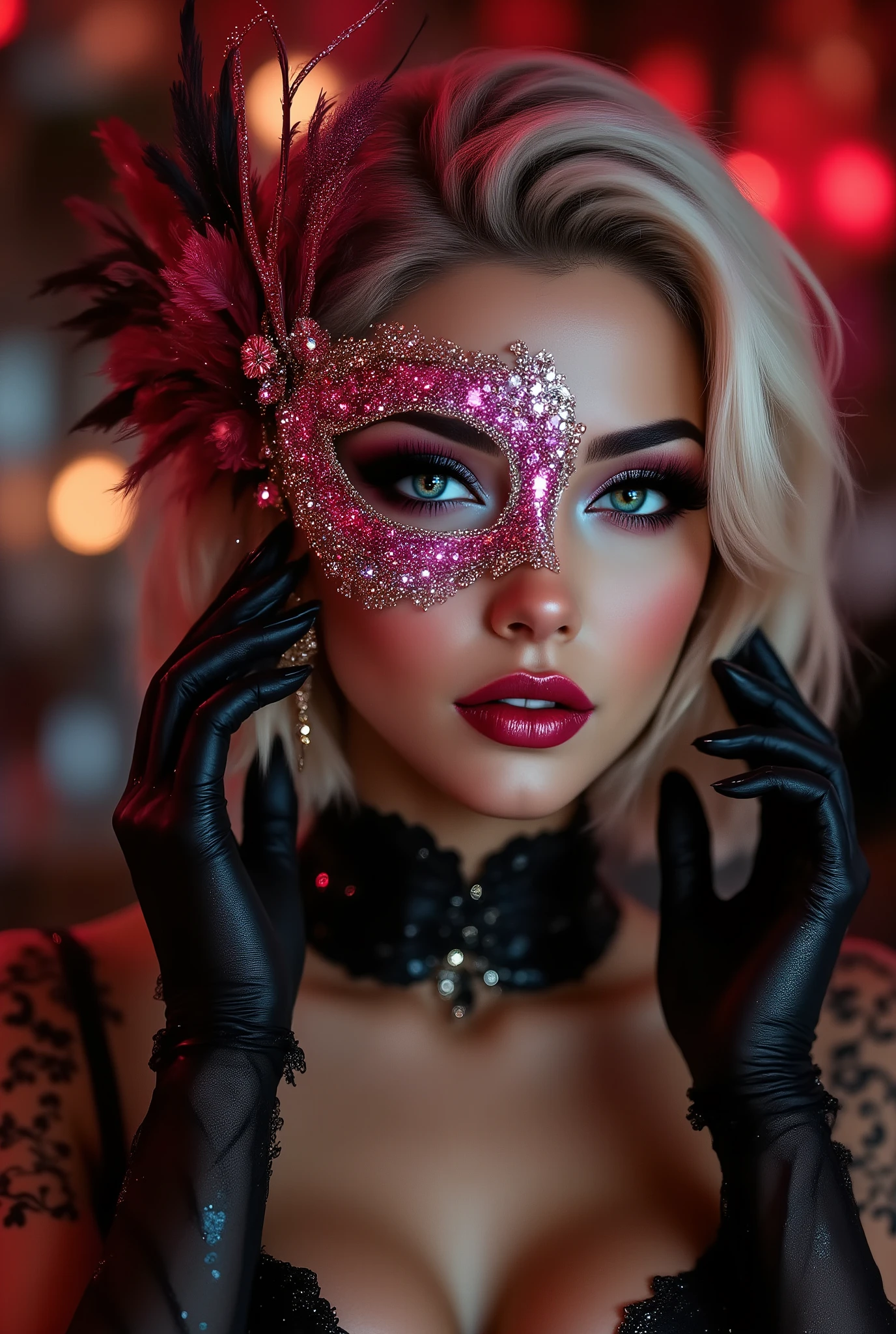  A woman getting ready for a masquerade ball, Put on the mesh eye mask you wear to a masquerade ball, [A mask with beautiful glittering decorations, Put on the mask], [I see women, Hands and ((firm and full breasts:1.4)) are shown], Illustration of a masquerade ball, Expressive details, Artilove blow style, Bar scene , Ultra-realistic (photorealistic Realism), (ultra realistic texture details: velvety skin, hair), (Key Directive: - "The priority is the anatomical accuracy and texture of the materials" - "Ultra-sharp human eyes with biological accuracy"). ((not blurry eyes, high resolution, Realistic brown_eyes:1.4), intricate details), wearing makeup: - "(professional pink_makeup:1.2),(Thin eyebrows),Carefully draw Long eyelashes:1.2,(perfect dark_eyeshadows:1.25),detailed lips:1.16,(apply glossy red_lipstick)"  (well-muscled body), [dark blonde hair (short hair, slicked to one side) intricately details)] (Post-Processing: - "Frequency separation for skin vs eye details" - "Selective sharpening: eyes180% , hair150%"- "shiny skin floats below the waist"nail/[black see-through gloves & elegant mesh gloves], "white teeth, oiled skin. no blur sharp focus on all body" 
