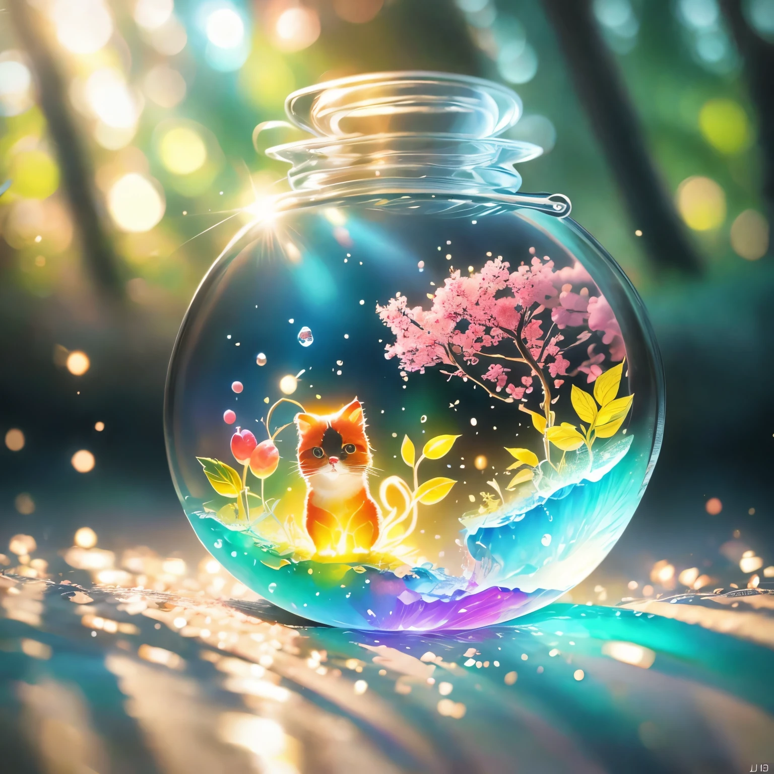 Cherry tree in a bottle, Fluffy, Practical, Atmospheric light refraction, photography：lee jeffries, Nikon d850 film stock photos 4 Kodak portra 400 camera f1.6 guns, Colorful, ultra Practical Practical textures, Dramatic Lighting, Unreal Engine Trends on artstation cinestill 800, Style - Glass