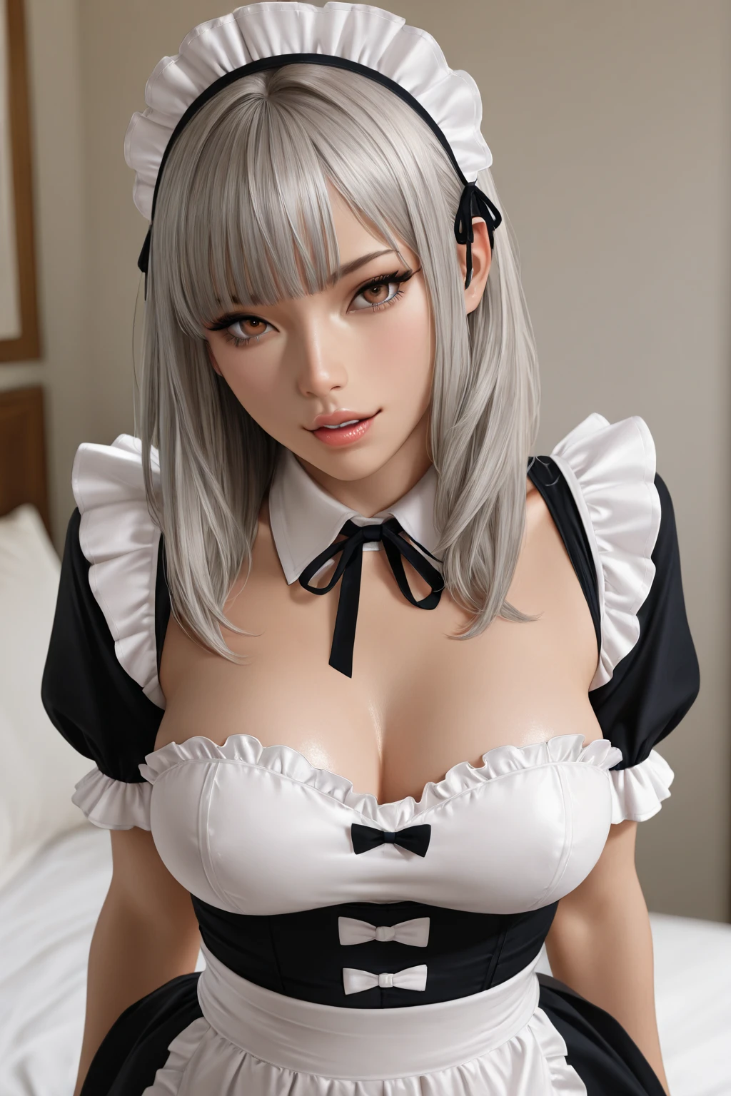 masutepiece, Best Quality, hight resolution, absurderes, 8K, 4K, Official art,, , (Flat_Color:0.9),, , 1girl in, Large_breasts, Maid Uniform, Grey Hair, , ,