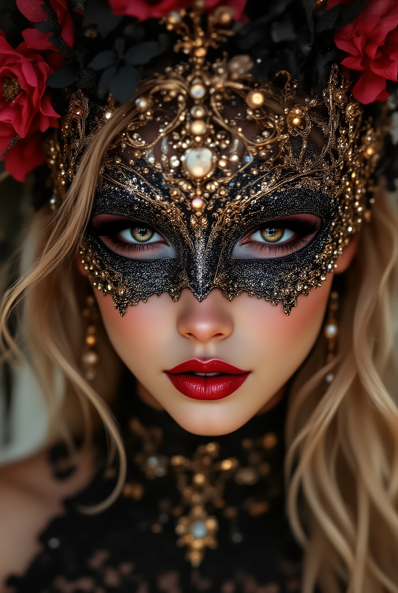  A woman getting ready for a masquerade ball, Put on the mesh eye mask you wear to a masquerade ball, [A mask with beautiful glittering decorations, Put on the mask], [I see women, Hands and ((firm and full breasts:1.4)) are shown], Illustration of a masquerade ball, Expressive details, Artilove blow style, Bar scene , Ultra-realistic (photorealistic Realism), (ultra realistic texture details: velvety skin, hair), (Key Directive: - "The priority is the anatomical accuracy and texture of the materials" - "Ultra-sharp human eyes with biological accuracy"). ((not blurry eyes, high resolution, Realistic brown_eyes:1.4), intricate details), wearing makeup: - "(professional pink_makeup:1.2),(Thin eyebrows),Carefully draw Long eyelashes:1.2,(perfect dark_eyeshadows:1.25),detailed lips:1.16,(apply glossy red_lipstick)" (well-muscled body), [dark blonde hair (short hair, slicked to one side) intricately details)] (Post-Processing: - "Frequency separation for skin vs eye details" - "Selective sharpening: eyes180% , hair150%"- "shiny skin floats below the waist"nail/[black see-through gloves & elegant mesh gloves], "white teeth, oiled skin. no blur sharp focus on all body" 