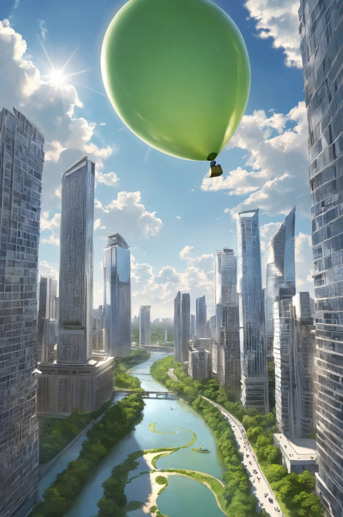 1 small Green balloon, solo, 360 view, floating gracefully above a long river running thru modern city, beautiful Sun filled day, light breeze, show movement, passing skyscrapers, glistening in the summer sky, perfect rendering, well detailed, best quality