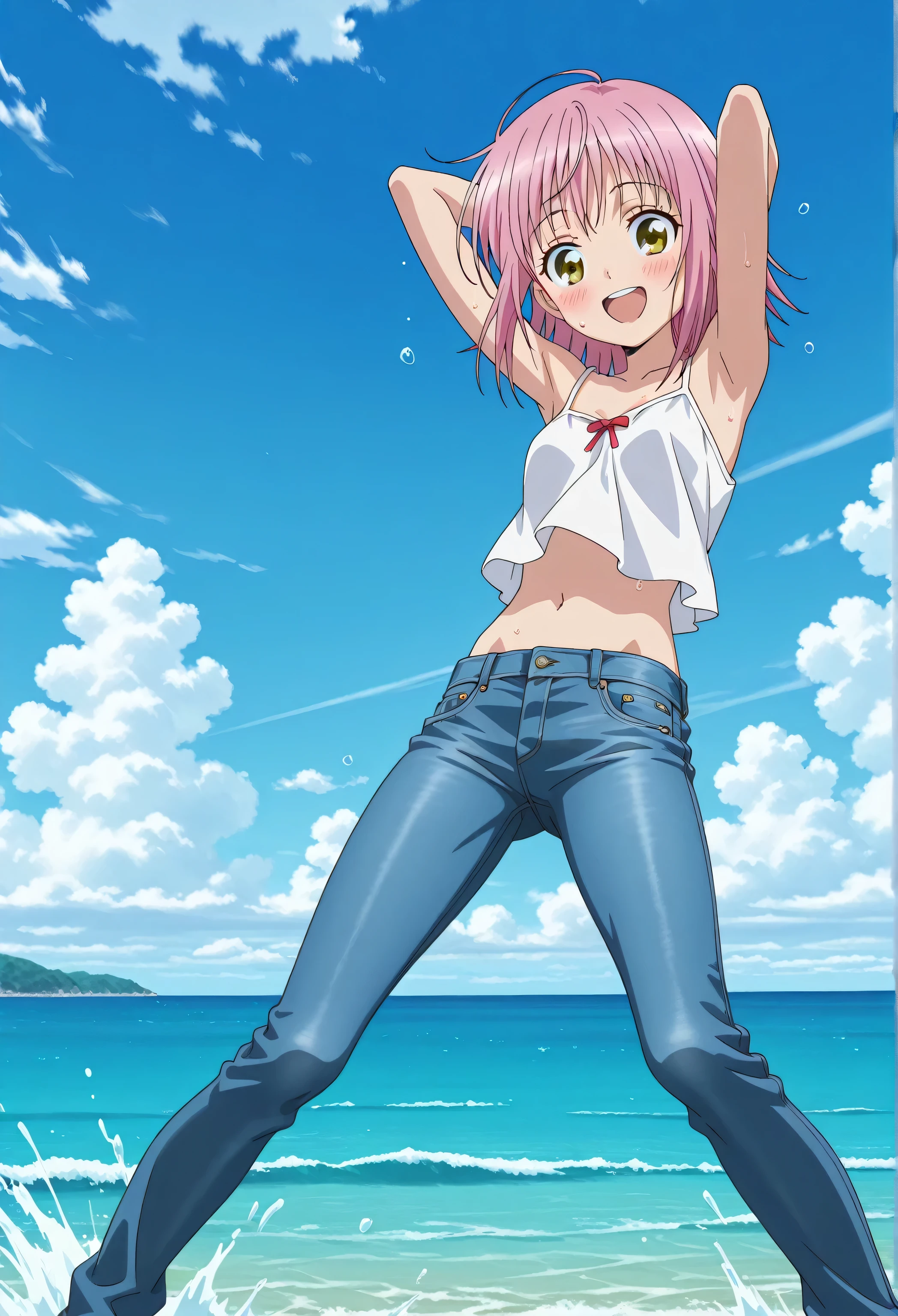 score_9, score_8_up, score_7_up, source_anime, highres, hi res, ((best quality, top quality, perfect quality, Highest Quality, amazing quality)), {{masterpiece}}, {{an extremely delicate and beautiful}}, 2d, intricate details, official style, anime, 8k, anime style, official_anime, official art, digital painting, cell shading, soft shading, high resolution, soothing tones, Subdued Color, Soft cinematic light, adobe lightroom, photolab, HDR, intricately and hyper-detailed, ((high quality animation)), 1 girl, Alone, solo, ((ocean)), tsunami, on the water, day, sunny, outdoors, sky, windy, amu hinamori, short hair, yellow eyes, pink hair, anime screencap, small breasts, white camisole top, crop top, white crop top, best quality, hyper-detailed jeans, ((blue jeans:1.9)), (dark blue jeans:0.6), full medium body, medium shot, Open mouth, smiling, happy face, blush, sweat, standing, arms behind head, bowlegged, jumping pose, action, looking at viewer, spread legs, Bend knees slightly, little side view, from medium below