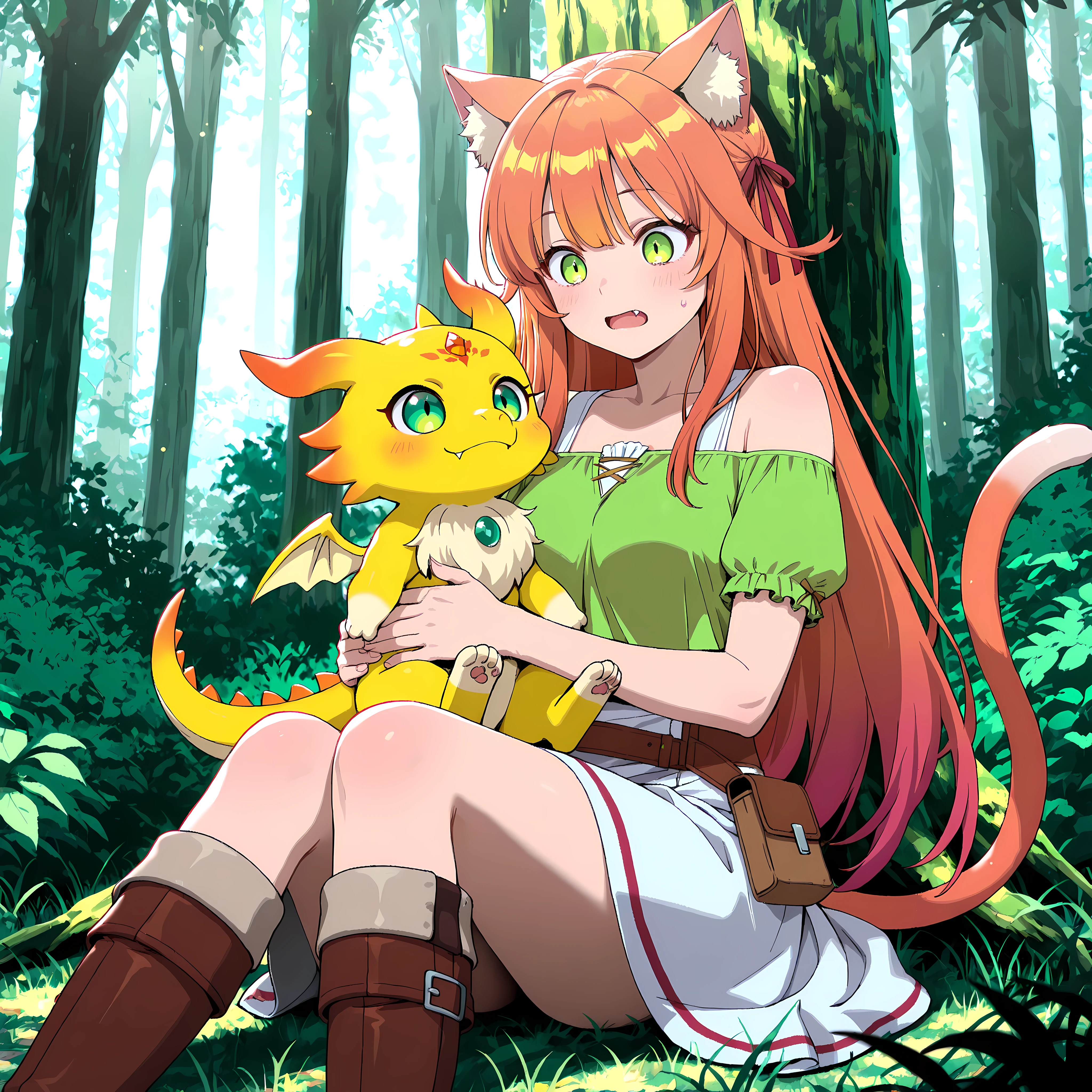 best quality, amazing quality,masterpiece,absurdres,ultra detailed,High Quality, High Resolution ,High Definition,dungeons and dragons,kanade-default,green eyes,orange hair,long hair,animal ears,hair ribbon,fang,a cat tail,green shirt,off-shoulder shirt,short sleeves,white skirt,knee boots,detailed eyes,anime eyes,high detail eyes,multicolored iris,detailed iris,,Little yellow dragon, sitting next to the girl, in the forest