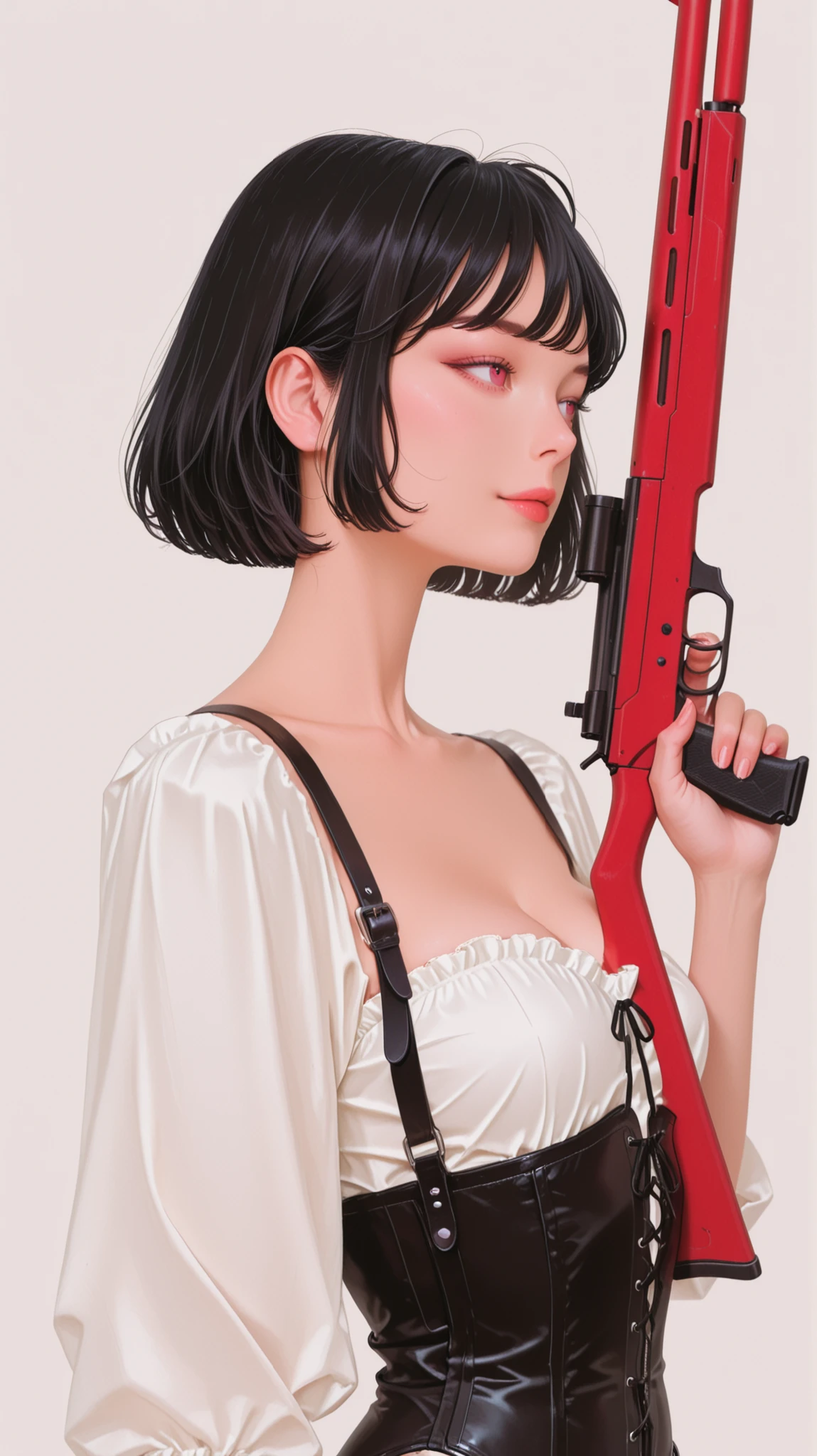 realistic appearance, masterpieces, pretty face, short hair,white blouse, black leather strap bustier, Red sniper gun, nice pose with a gun, Black short hair ,beautiful face,
