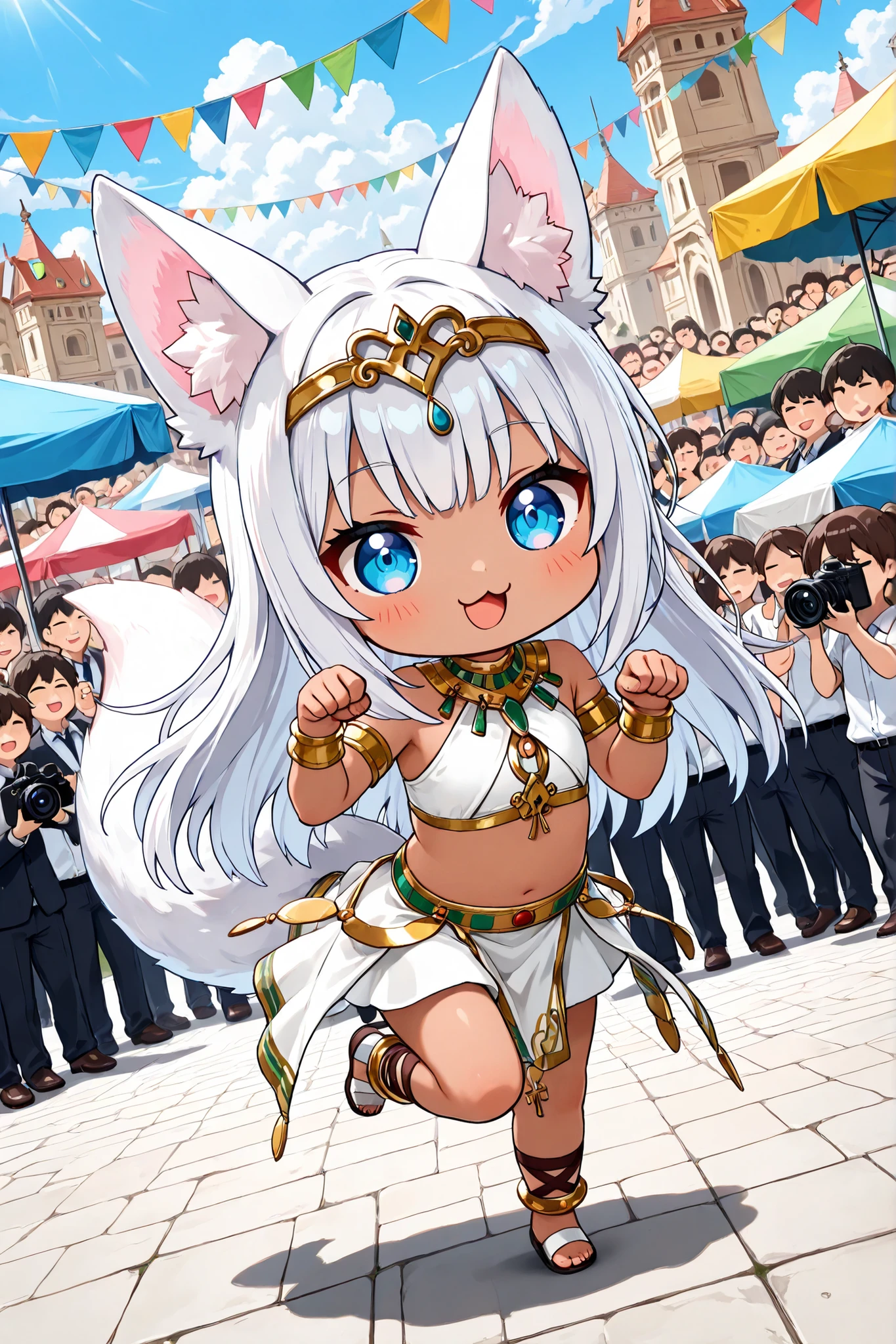 ((Masterpiece)),((best quality)),((incredibly absurdres)),((8K)),(anime style),
1 (chibi girl),(Deformed chibi:1.3),(anime chibi:1.2),solo,aged down,white hair,long hair,straight hair,blue eyes,baby face,cute,kawaii,BREAK (white fox tail),fluffy tail,(white fox ears),pink inner ear,(white inner ear hair),
(dark skin),tiara, anklet,earrings, cross-laced footwear, skirt, armlet, tiara,
wearing cosplay of Bastet, standing on (lawn:1.2), surrounded by many photographers with cameras, flashes sparkling, lively event atmosphere, colorful tents in the distance, cheerful crowd, playful and fun vibe, outdoor daylight,
(:3),(> <),smile,open mouth,facing ahead,
paw pose,dynamic pose,standing on one leg,
full body,close-up,dynamic angle,