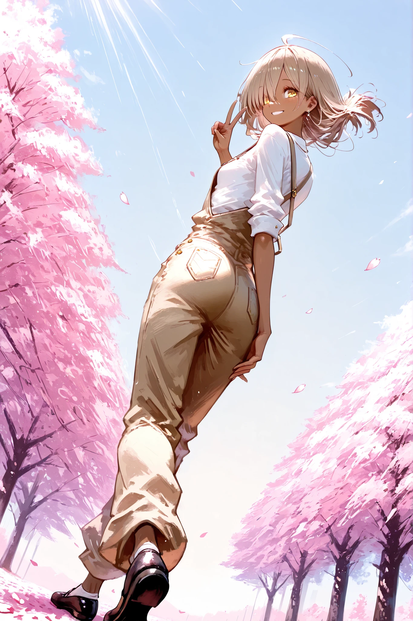 masterpiece, Highest Quality, 18 year old girl, Sampak Eye, Beautiful Golden Eyes, best smile facing the surface, dark skin on the tip of the mouth, retreating slightly, is signing a peace sign with her right hand, , LIGHT BROWN HAIR WALKING ON THE STREET, , Full Up Hairstyle, ocher wide leg overalls , Casual Outfit, Slightly oversized shoes, Looking Back, Smiles at me, Scratch, 、very small breasts, lens flare, her outline sparkles, Her outline is glowing, sun beam, cowboy shot, amazing view,12:00 noon, outdoor, windy, clear sky, Cherry Blossom Tree Row , Fluttering Cherry Blossom Petals, Dutch angle, Dynamic Motion,Jack-O-Pose, solo,