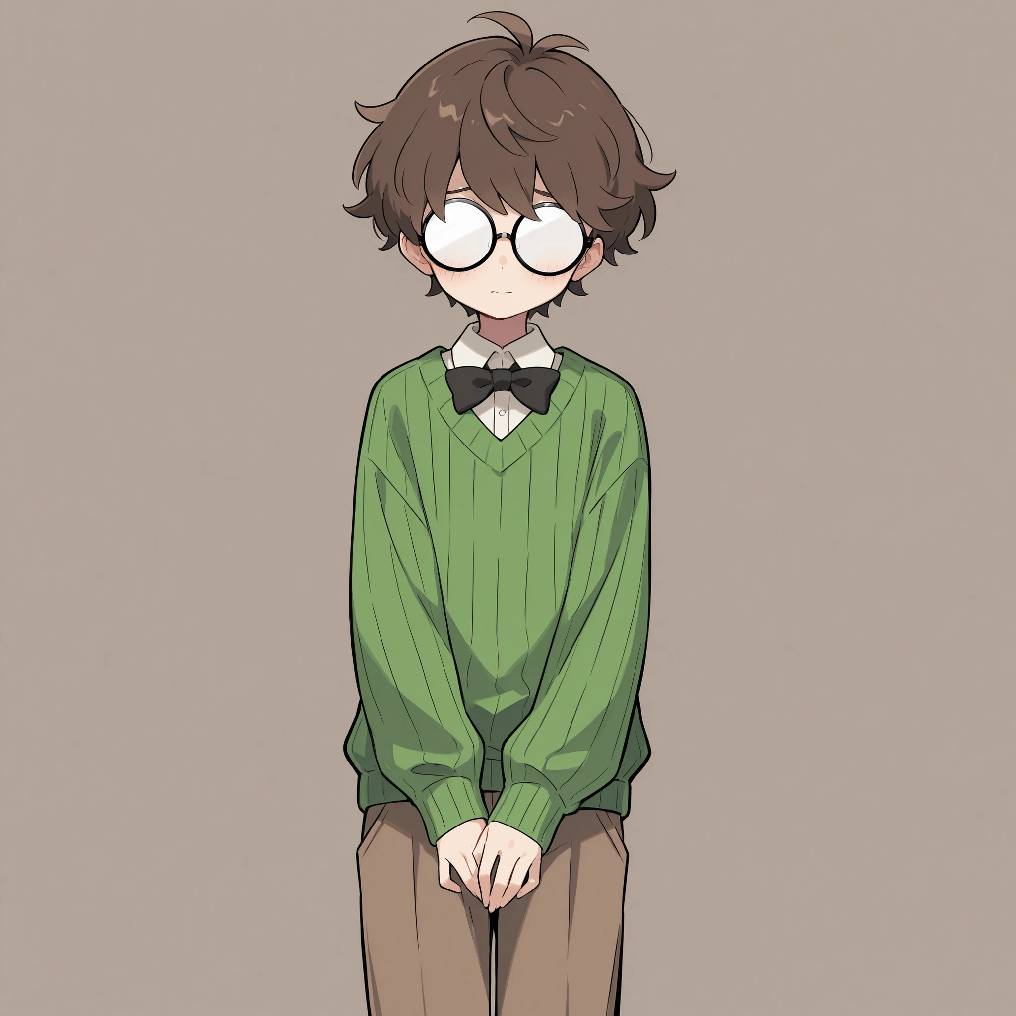 masterpiece, ultra-HD, impressionism, high detail, best quality, very aesthetic, 8K, best quality, beautiful, ultra-high resolution, 32K UHD, sugimorixd, 1man, solo, boy, short messy brown hair, big glasses, round glasses, opaque glasses, no eyes, slim, green ribbed sweater, shirt collar, black bowtie, brown pants, blushed, shy, hands on lap, cute, standing, looking at the viewer, simple background, front view