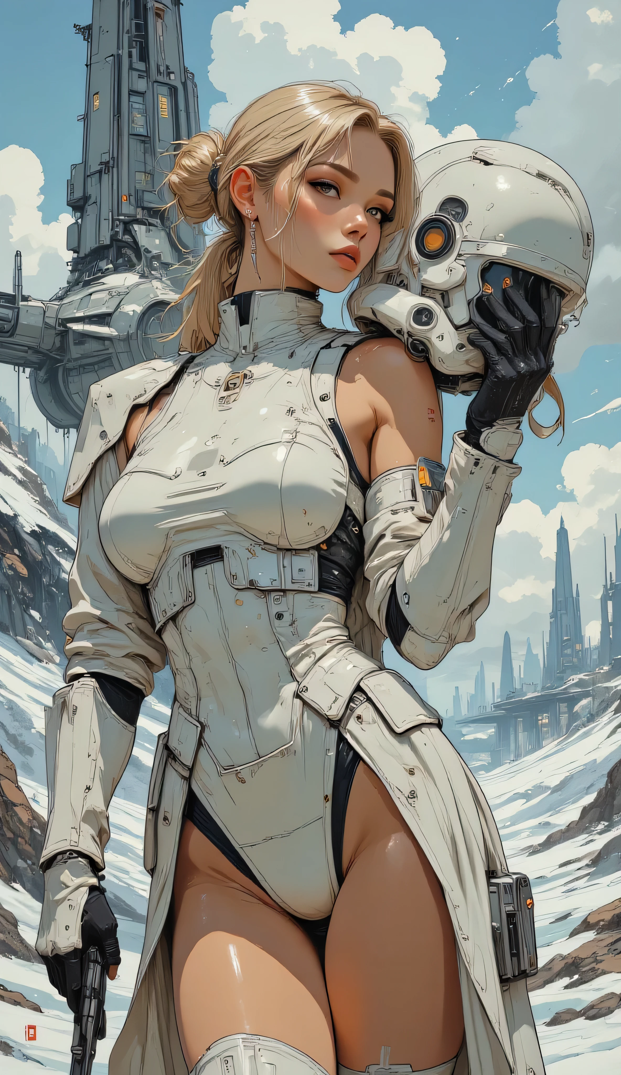 Score_9, score_8_up, score_7_up, ((highest quality)), ((masterpiece)), Perfect Face, (High definition), (Best Shadow), 8k, cinematic.
Comic sex art. Score_9, score_8_up, score_7_up, ((highest quality)), ((masterpiece)), (be familiar with), Perfect Face, (High definition), (Best Shadow), 8k, cinematic, (Realistic:1.4),dramatic. "rough style",Inspired by LuisRoyo, a beautiful 40th woman, wears the Snowtrooper armor with helmet in hand, blonde ponytail, thriving physique, seductive, tanned skin. Full body view. Front view. Standing in front of a Star Wars's tie fighter (Close-up)