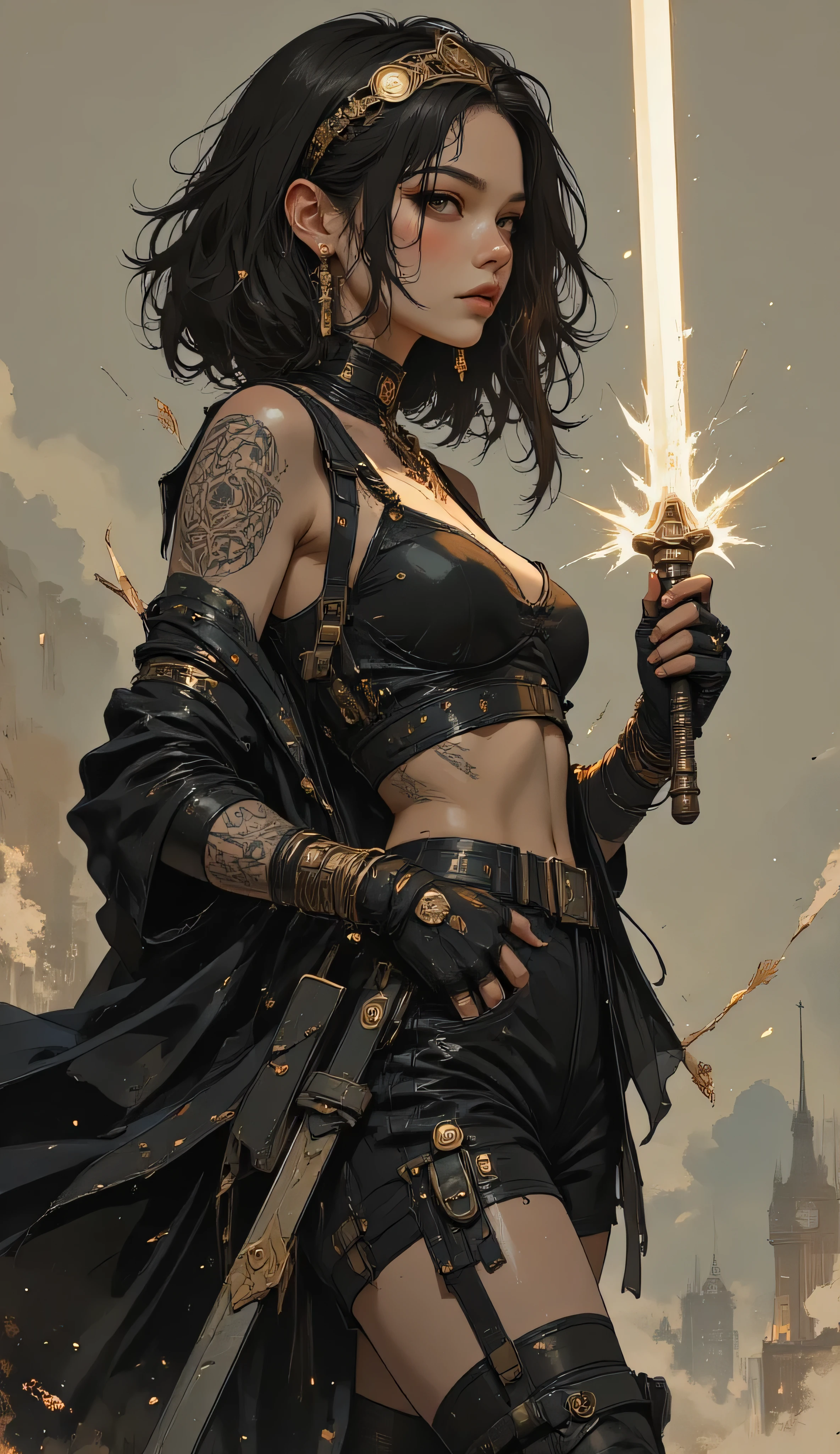  Score_9, score_8_up, score_7_up, ((highest quality)), ((masterpiece)), Perfect Face, (High definition), (Best Shadow), 8k, cinematic. 
"Una guerriera sensuale e pericolosa nello stile di Luis Royo, in piedi in posa dinamica. Ha lunghi capelli neri e disordinati, pelle pallida e occhi scuri intensi truccati con eyeliner nero. Indossa una tiara elaborata sulla fronte, un girocollo nero aderente al collo, una collana pendente sul petto, bracciali e anelli argentati alle braccia e alle mani.  Il suo abbigliamento è provocante e dark fantasy: un top corto nero che rivela l'addome, pantaloncini o biancheria intima nera con cinghie, calze strappate e scarpe col tacco nere.  Tatuaggi intricati a forma di serpente decorano il suo addome e motivi tribali adornano le braccia e le cosce.
Tiene in mano una spada lunga e luminosa con una luce argentea, mentre altre spade sono elegantemente infilate nella schiena, alcune con elaborati pomi visibili. Lo sfondo è semplice e sfumato, con un effetto fumoso o nebbioso in tonalità neutre e cupe che concentra l'attenzione sulla figura.  L'illuminazione è drammatica, con la spada luminosa che crea riflessi e ombre dinamiche sul suo corpo e sull'ambiente circostante. L'atmosfera generale è quella di una bellezza sovversiva, potente e misteriosa, tipica dello stile di Luis Royo.  Pittura digitale dettagliata e sensuale, stile pittorico, alta qualità, illuminazione atmosferica e dinamica, stile dark fantasy, ispirato a 'Subversive Beauty' di Luis Royo