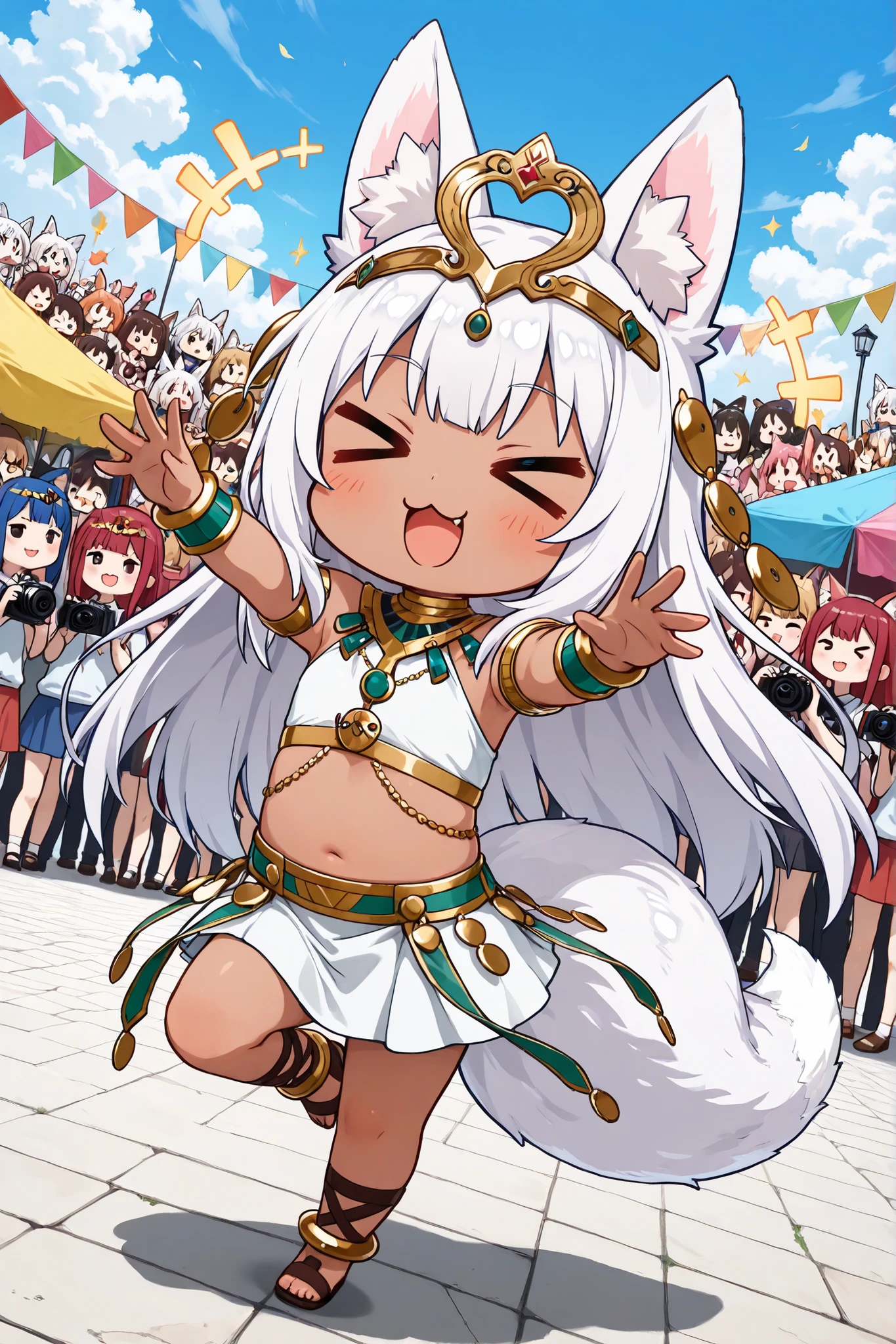 ((Masterpiece)),((best quality)),((incredibly absurdres)),((8K)),(anime style),
1 (chibi girl),(Deformed chibi:1.3),(anime chibi:1.2),solo,aged down,white hair,long hair,straight hair,baby face,cute,kawaii,BREAK (white fox tail),fluffy tail,(white fox ears),pink inner ear,(white inner ear hair),
(dark skin),tiara, anklet,earrings, cross-laced footwear, skirt, armlet, tiara,
wearing cosplay of Bastet, standing on (lawn:1.2), surrounded by many photographers with cameras, flashes sparkling, lively event atmosphere, colorful tents in the distance, cheerful crowd, playful and fun vibe, outdoor daylight,
(:3),(> <),smile,open mouth,facing ahead,
paw pose,dynamic pose,standing on one leg,
full body,close-up,dynamic angle,