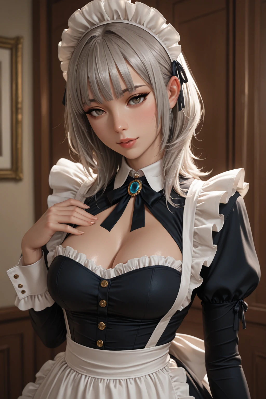 (original character、unity 16k wallpaper, masterpiece, highest quality, Ultra-become familiar with, Extremely become familiar with CG, caustics, cinematic lighting, become familiar with, Beautiful become familiar with Eyes, alone,???? woman), ultra high resolution, fine skin, (maid, maid apron, maid headdress), (strong light)、oily skin,Kirby:1.2,,???? woman,Little devil face,???????????, bent down、fold arms、silver hair,????????????,buckshot
