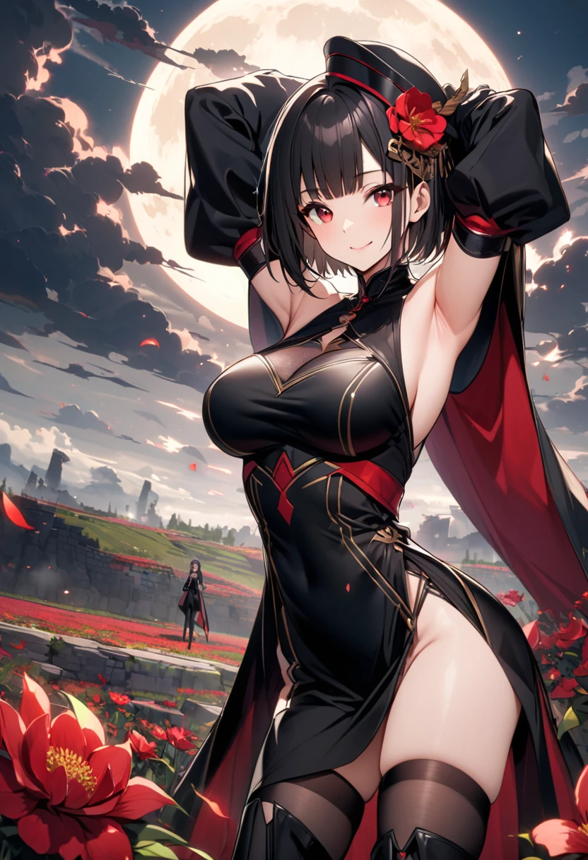 (dynamic angle:1.3, front view:1.1, :1.3, from below:1.2), (dynamic posing:1.5,  posing:1.2, leaning forward), ( smiling:1.3),(K) HD, highest quality, Anime style beutiful woman, 1girl,fullbody, happy, (with sparkling eyes and a contagious smile:1.2), red face, closed mouth, beautiful detailed eyes, super detailed skin, backlighting,  shoulders, black background, black dress, black gloves, black hair, , dress, earrings, fingerless gloves, floating hair, floral print, flower, gloves, gold earrings, gold hairband, hair flower, hair ornament, hairband, holding, holding two-hands weapon, jewelry, , long hair, looking at viewer, off-shoulder  shoulder,red eyes, short hair with long locks, sidelocks, solo, spikes, thighs, two-sided dress, two-sided fabric, weapon, fighting stance , face, close up, from above, highest quality, high resolution,Real World, Natural light,perfect Natural light,looking at viewer, 