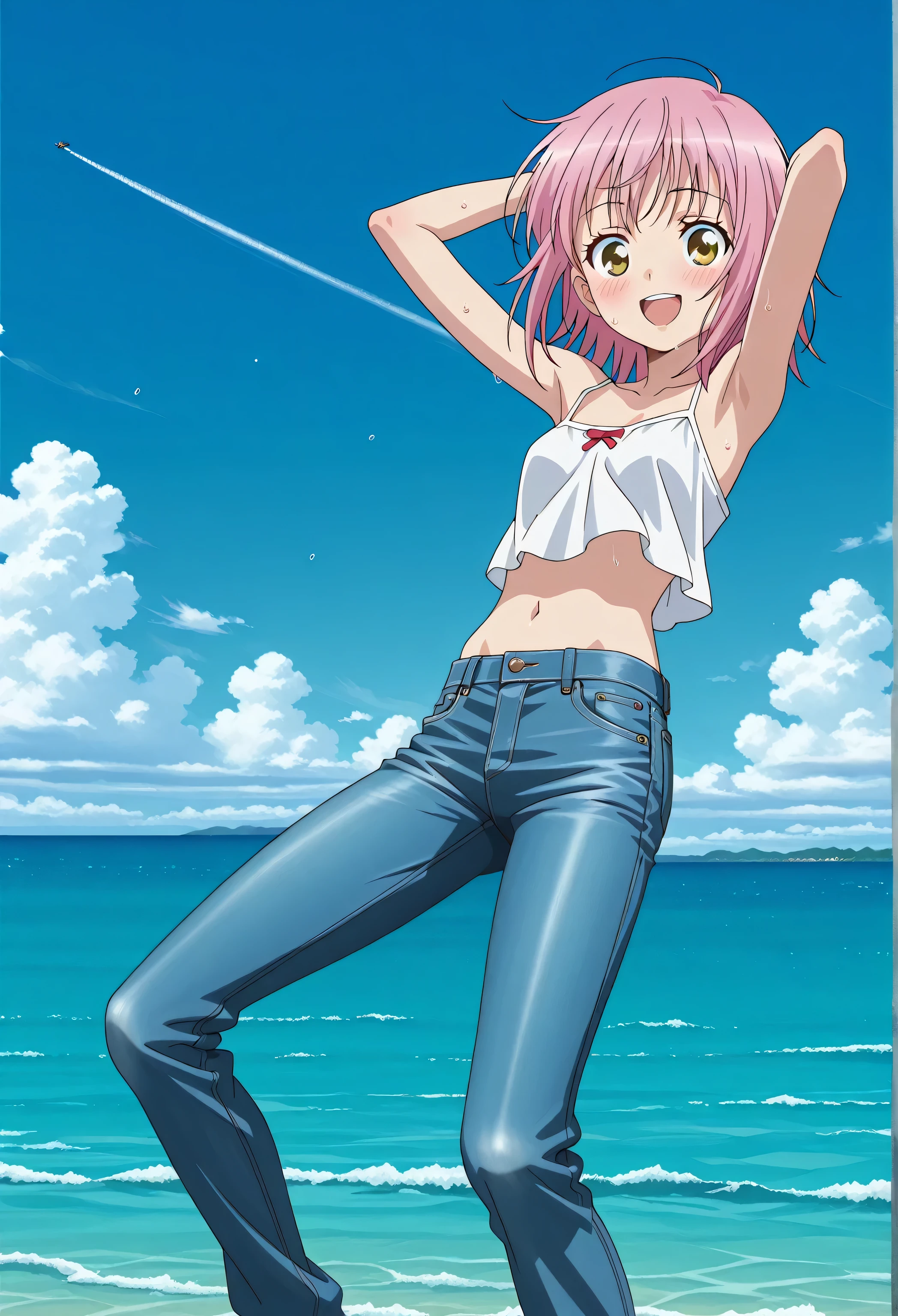 score_9, score_8_up, score_7_up, source_anime, highres, hi res, ((best quality, top quality, perfect quality, Highest Quality, amazing quality)), {{masterpiece}}, {{an extremely delicate and beautiful}}, 2d, intricate details, official style, anime, 8k, anime style, official_anime, official art, digital painting, cell shading, soft shading, high resolution, soothing tones, Subdued Color, Soft cinematic light, adobe lightroom, photolab, HDR, intricately and hyper-detailed, ((high quality animation)), 1 girl, Alone, solo, ((ocean)), tsunami, on the water, day, sunny, outdoors, sky, windy, amu hinamori, short hair, yellow eyes, pink hair, anime screencap, small breasts, white camisole top, crop top, white crop top, best quality, hyper-detailed jeans, ((blue jeans:1.9)), (dark blue jeans:0.6), full medium body, medium shot, Open mouth, smiling, happy face, blush, sweat, standing, arms behind head, bowlegged, jumping pose, action, looking at viewer, spread legs, Bend knees slightly, little side view, from medium below