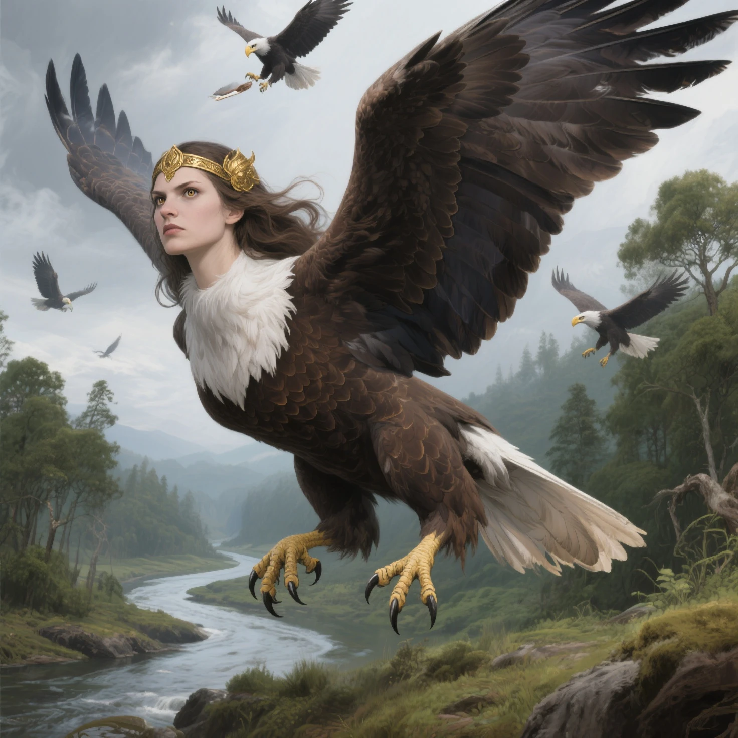 very sexy woman with an eagle on her arm leaning in a beautiful garden (Dave Mckean inspired art, intricate details, oil painting)
