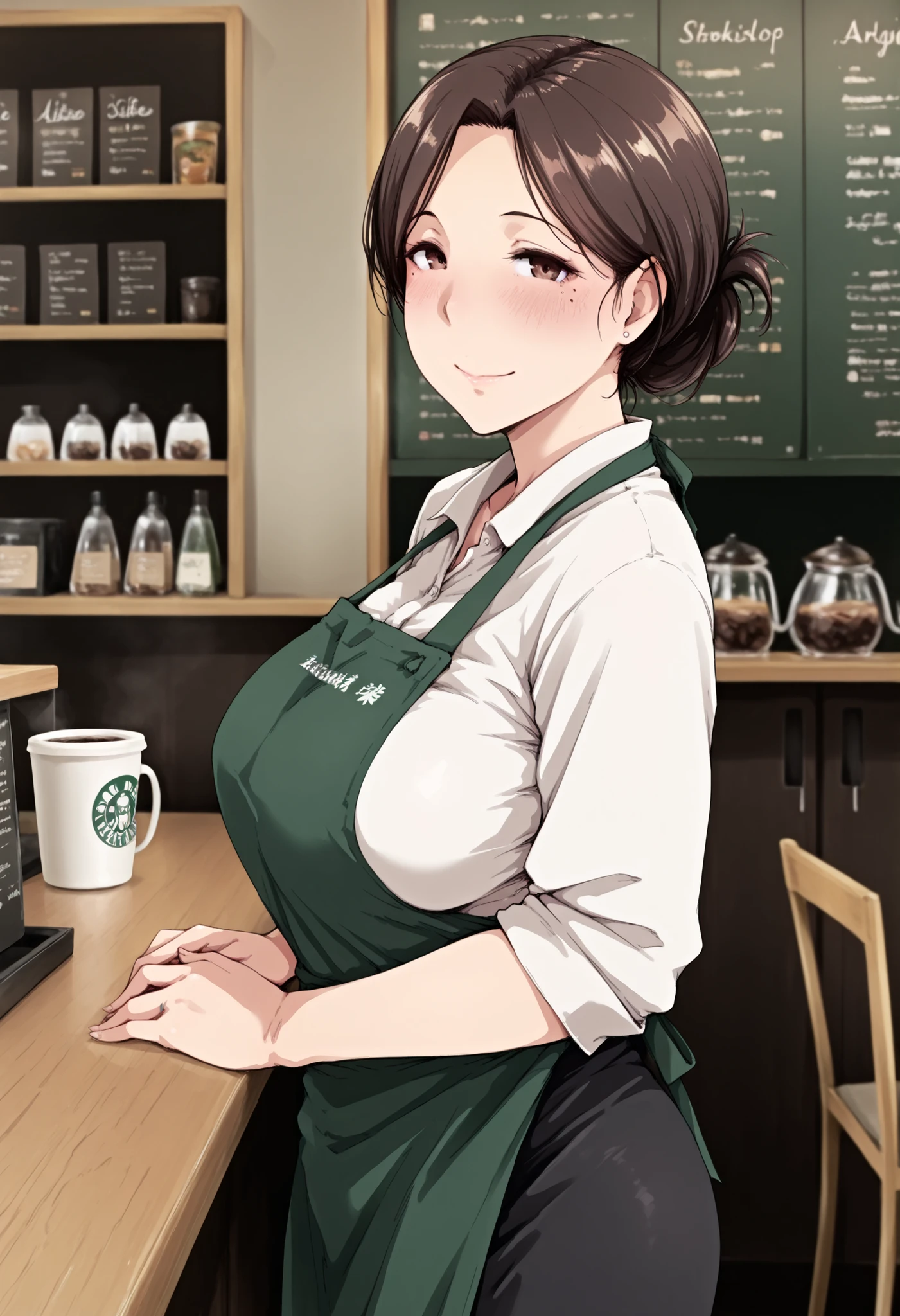 (masterpiece, best quality, amazing quality, absurdres, very aesthetic), nsfw, (arakure style, mature female), (1girl, solo), brown hair, brown eyes, mole under eye, white shirt, black skirt, green apron, smile, both hands on the table, (side view, looking at viewer, standing in the coffee shop)