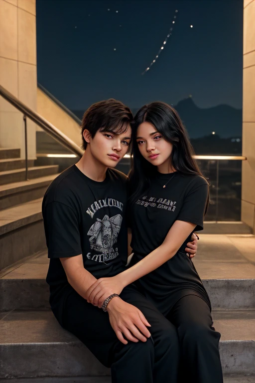 Photo Nostalgia couple of Korean lover, a Korean man with short two block hair, wearing flannel shirts and loose black t-shirts with puzzle text, long-haired Korean woman unraveled  to the wind wearing white canal clothes, standing on the sand, standing apart and holding hands, facing each other, strong wind gusts, background only wide desert, long sofa chair, dim light, high quality photos, accurate details, high resolution.