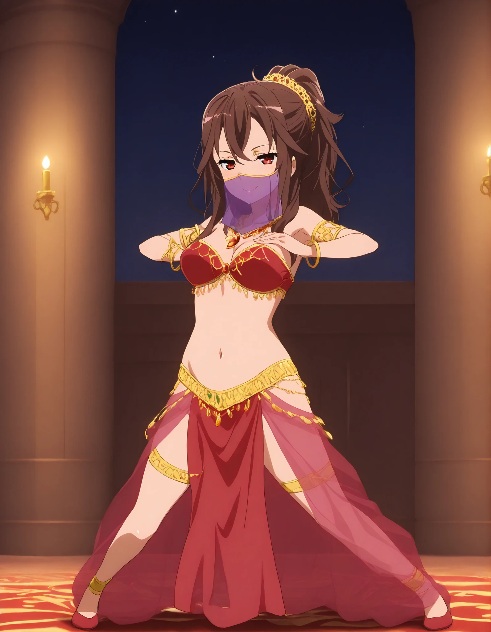 (1girl:1 . 5) , (Seul:1 . 5) , score_9 , score_8_haut , score_7_haut , source_anime , Official work  , ultra-detailed , masterpiece , better quality , high resolution , beaux yeux , detailed eyes , Detailed face , beautiful detailed eyes ,HighSchool Fleet,Kuroki Hiromi,Arabian Clothes , Arabian Dancer ,belly dancer costume ,full body,golden jewelery,mouth veil,armlet, belly dancing,night,arabian theater,seductive smile, dancing with veil, dynamic movement,dance posture,  pose