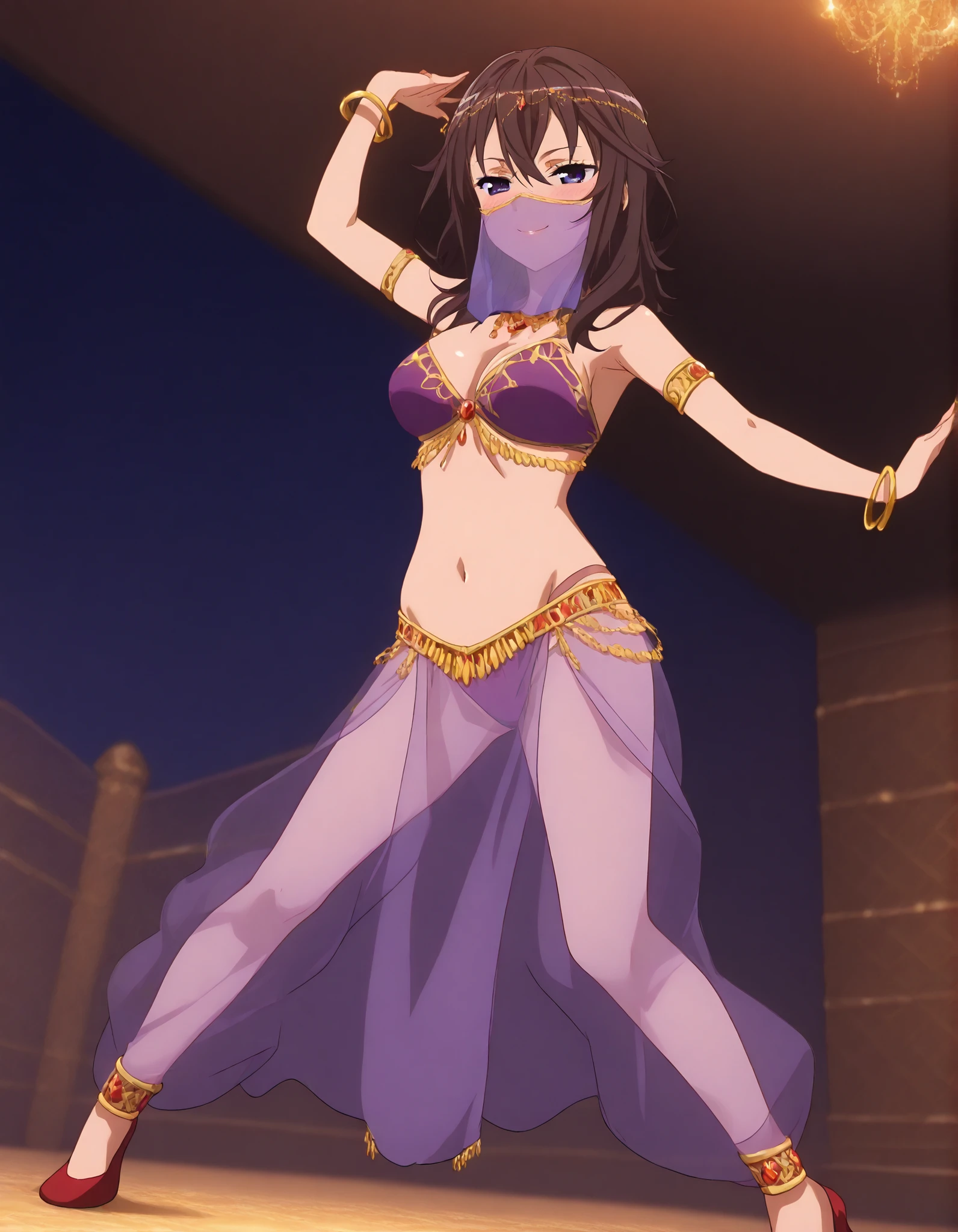 (1girl:1 . 5) , (Seul:1 . 5) , score_9 , score_8_haut , score_7_haut , source_anime , Official work , ultra-detailed , masterpiece , better quality , high resolution , beaux yeux , detailed eyes , Detailed face , beautiful detailed eyes ,HighSchool Fleet,Kuroki Hiromi,Arabian Clothes , Arabian Dancer ,belly dancer costume ,full body,golden jewelery,mouth veil,armlet, belly dancing,night,arabian theater,seductive smile, dancing with veil, dynamic movement,dance posture, pose