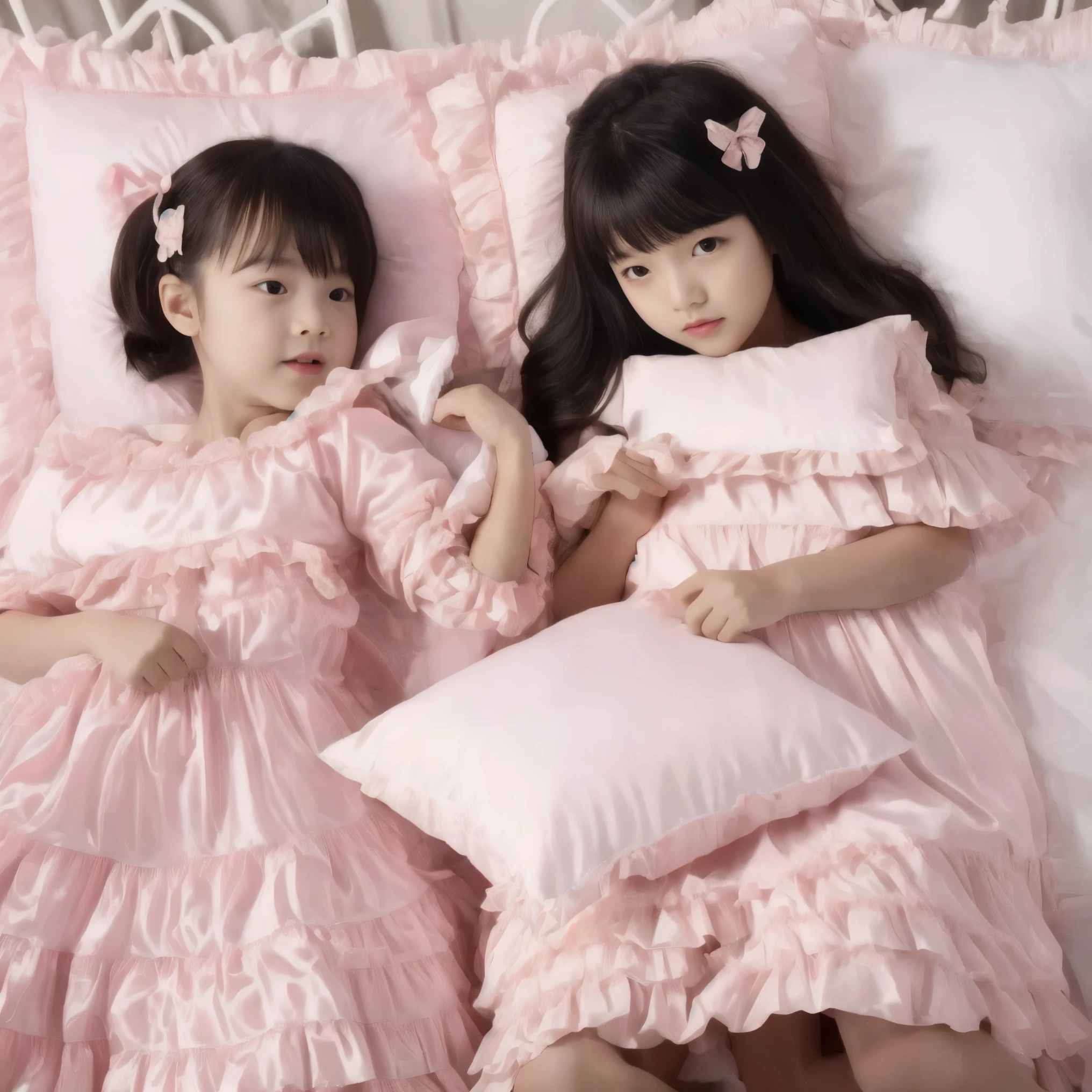 ,on the bed,((大きなon the bedの可愛い女の子たち)),((Childhood )),((Little Girls)), ((little girls Pillow Fighting on the bed,Pillow Fight:1.2,)),