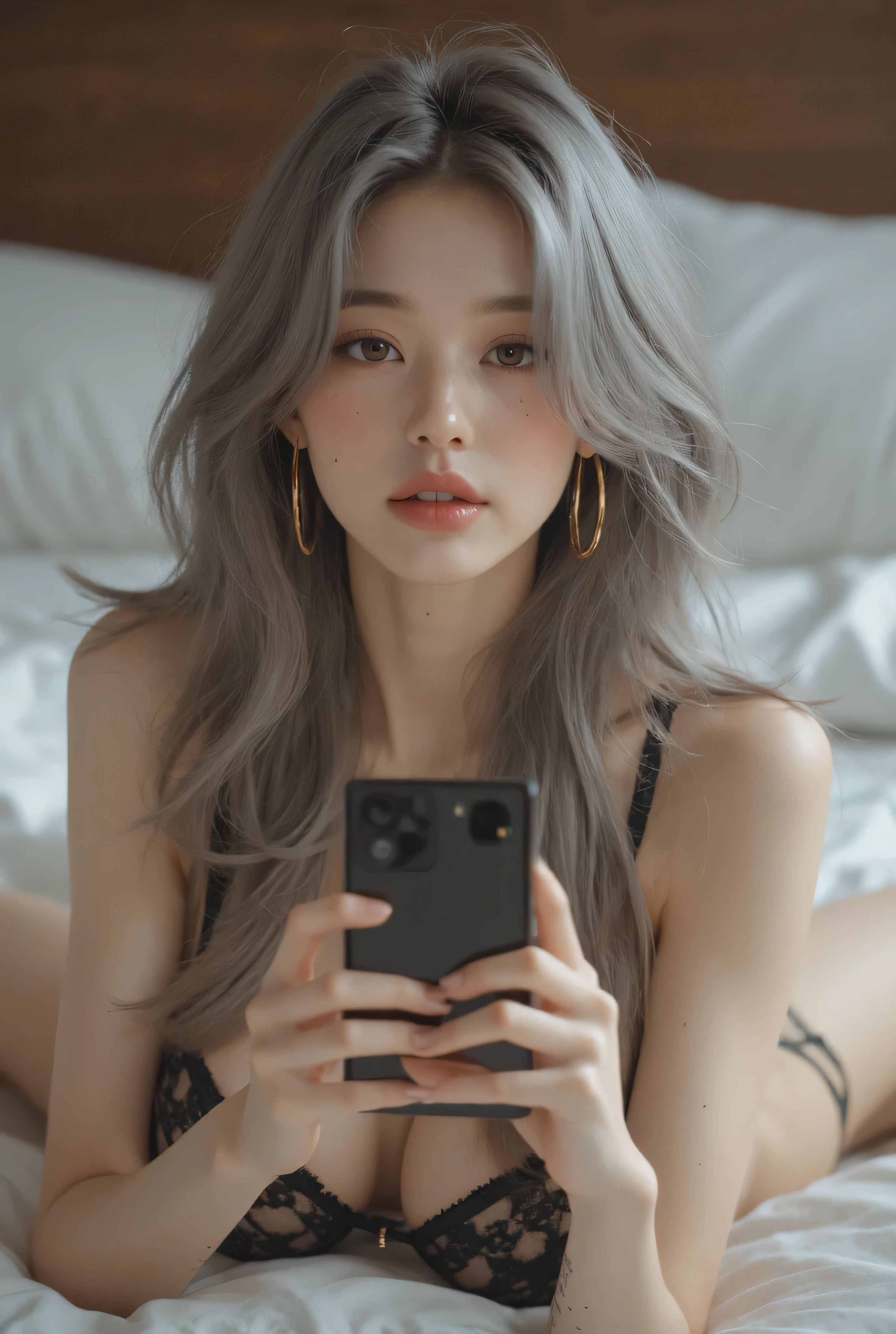 8K, RAW Photos, Fujifilm, Beautiful 20 year old woman style photo, (((gray Hair:1.3)))、(((see-through lace corset lingerie:1.5,))), large Gold earrings, (Highly detailed skin: 1.2), Film Grain, 35mm, Cute Style、On the bed、small soft (closed mouth) smile, Love Hotel room、Scattered clothing、(string underwear)、(((on all fours:1.5)))、Selfie with smartphone