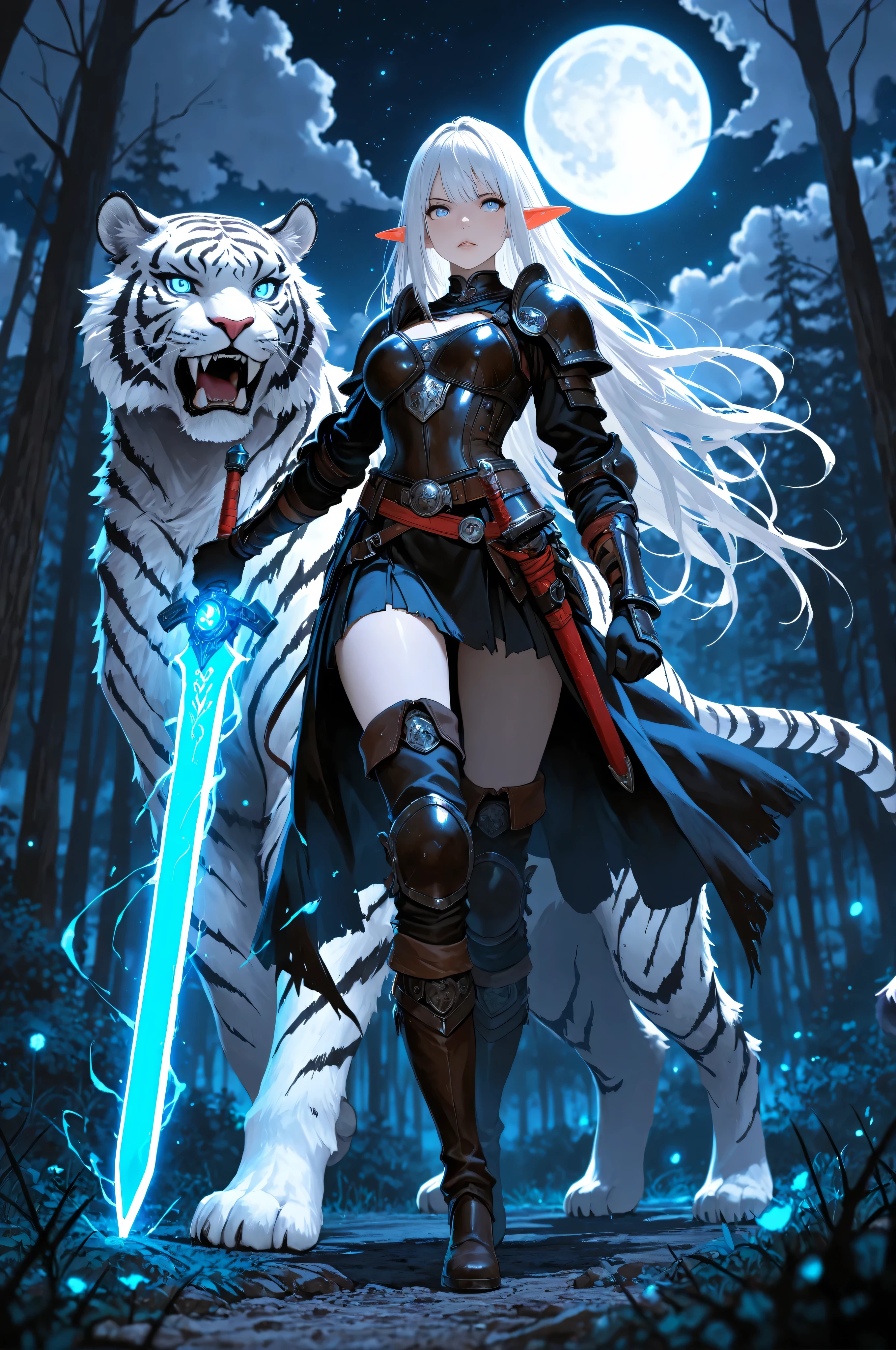 picture of a female dark elf ranger and her pet white tiger, warrior of nature, fighter of nature, a female beautiful epic drow wearing leather armor (masterpiece best quality, amazing quality), leather boots, black skin, thick hair, long hair, white hair, pale skin intense eyes, full body, full body, talking to an epic ((white tiger)) armed with a magical sword masterpiece, best quality, high quality, detailed, absurdres, epic magical sword, glowing in blue light , in dark forest, forest background, moon light, stars light, clouds (masterpiece best quality amazing quality), high details, best quality, 16k, masterpiece, best quality, high quality, detailed, absurdres, fantasy art, RPG art, a wide angle dynamic angle, , high details, best quality, highres, ultra wide angle,, creating award winning, photorealism, depth of field, hyper realistic, low-key, glowing, ember