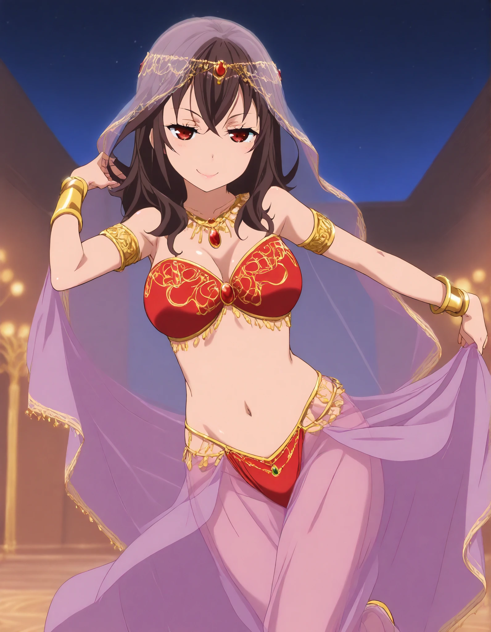 (1girl:1 . 5) , (Seul:1 . 5) , score_9 , score_8_haut , score_7_haut , source_anime , Official work  , ultra-detailed , masterpiece , better quality , high resolution , beaux yeux , detailed eyes , Detailed face , beautiful detailed eyes ,HighSchool Fleet,Kuroki Hiromi,Arabian Clothes , Arabian Dancer ,belly dancer costume ,full body,golden jewelery,armlet, belly dancing,night,arabian theater,seductive smile, dancing with veil, dynamic movement,dance posture,  pose