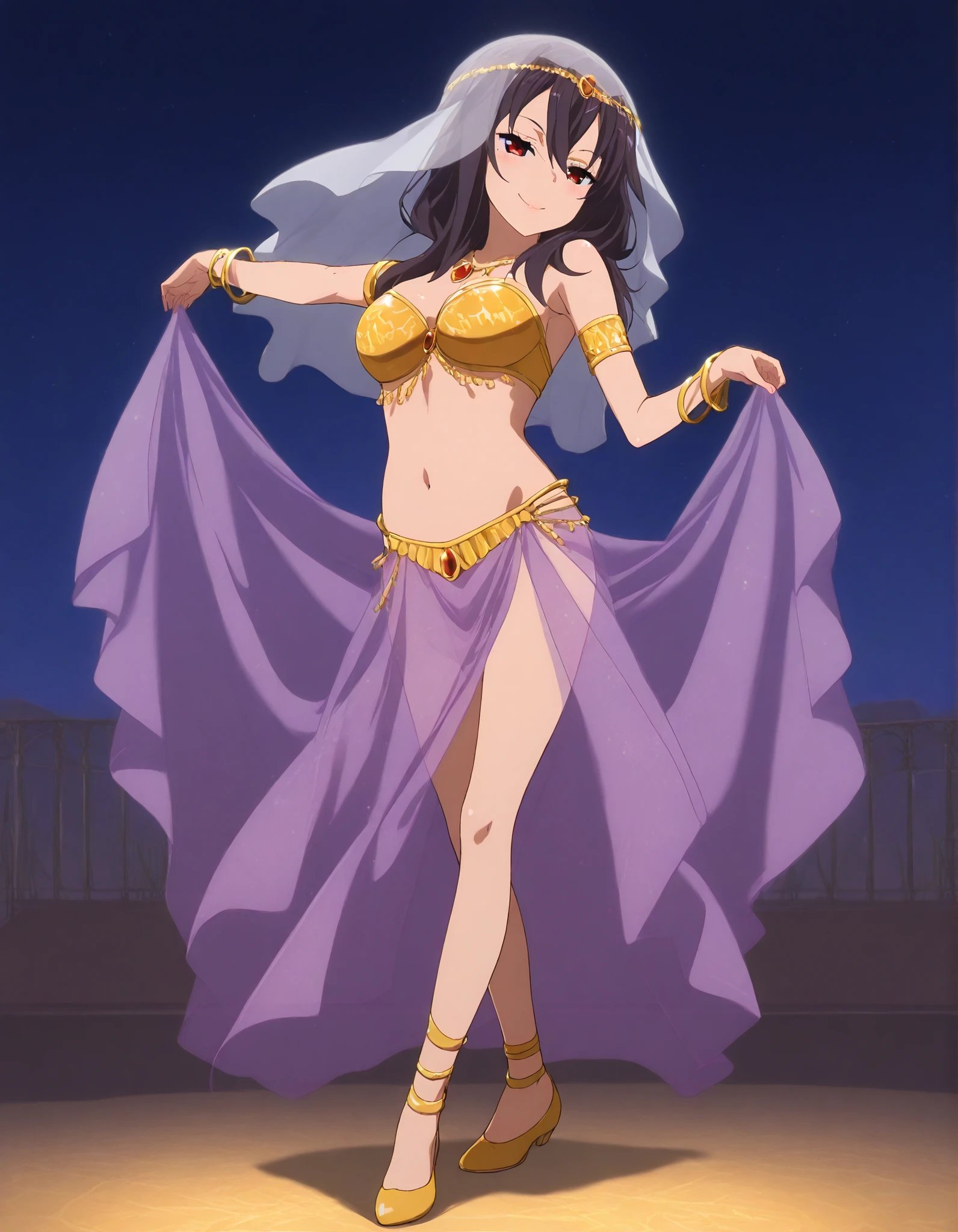 (1girl:1 . 5) , (Seul:1 . 5) , score_9 , score_8_haut , score_7_haut , source_anime , Official work , ultra-detailed , masterpiece , better quality , high resolution , beaux yeux , detailed eyes , Detailed face , beautiful detailed eyes ,HighSchool Fleet,Kuroki Hiromi,Arabian Clothes , Arabian Dancer ,belly dancer costume ,full body,golden jewelery,armlet, belly dancing,night,arabian theater,seductive smile, dancing with veil, dynamic movement,dance posture, pose