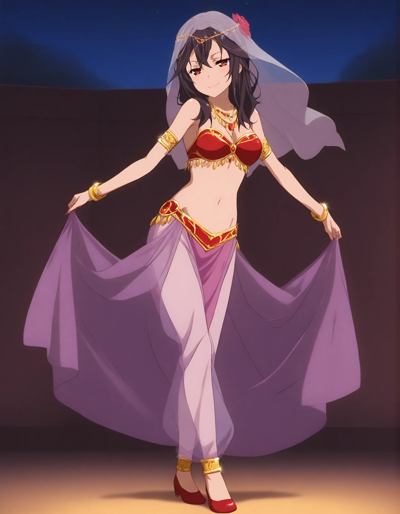 (1girl:1 . 5) , (Seul:1 . 5) , score_9 , score_8_haut , score_7_haut , source_anime , Official work , ultra-detailed , masterpiece , better quality , high resolution , beaux yeux , detailed eyes , Detailed face , beautiful detailed eyes ,HighSchool Fleet,Kuroki Hiromi,Arabian Clothes , Arabian Dancer ,belly dancer costume ,full body,golden jewelery,armlet, belly dancing,night,arabian theater,seductive smile, dancing with veil, dynamic movement,dance posture, pose