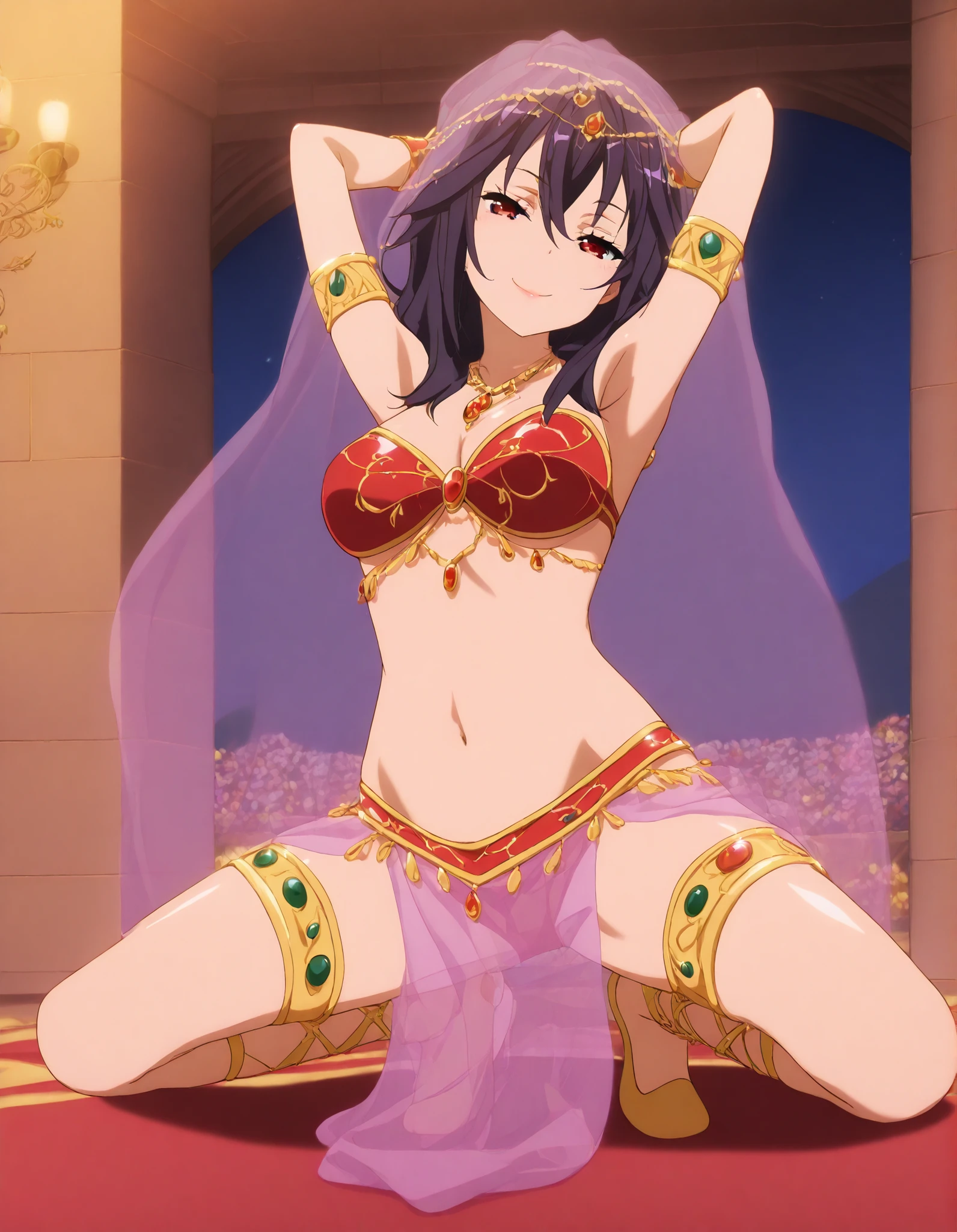 (1girl:1 . 5) , (Seul:1 . 5) , score_9 , score_8_haut , score_7_haut , source_anime , Official work , ultra-detailed , masterpiece , better quality , high resolution , beaux yeux , detailed eyes , Detailed face , beautiful detailed eyes ,HighSchool Fleet,Kuroki Hiromi,Arabian Clothes , Arabian Dancer ,belly dancer costume ,full body,golden jewelery,armlet, belly dancing,night,arabian garden,seductive smile, dancing with veil, dynamic movement,dance posture, pose