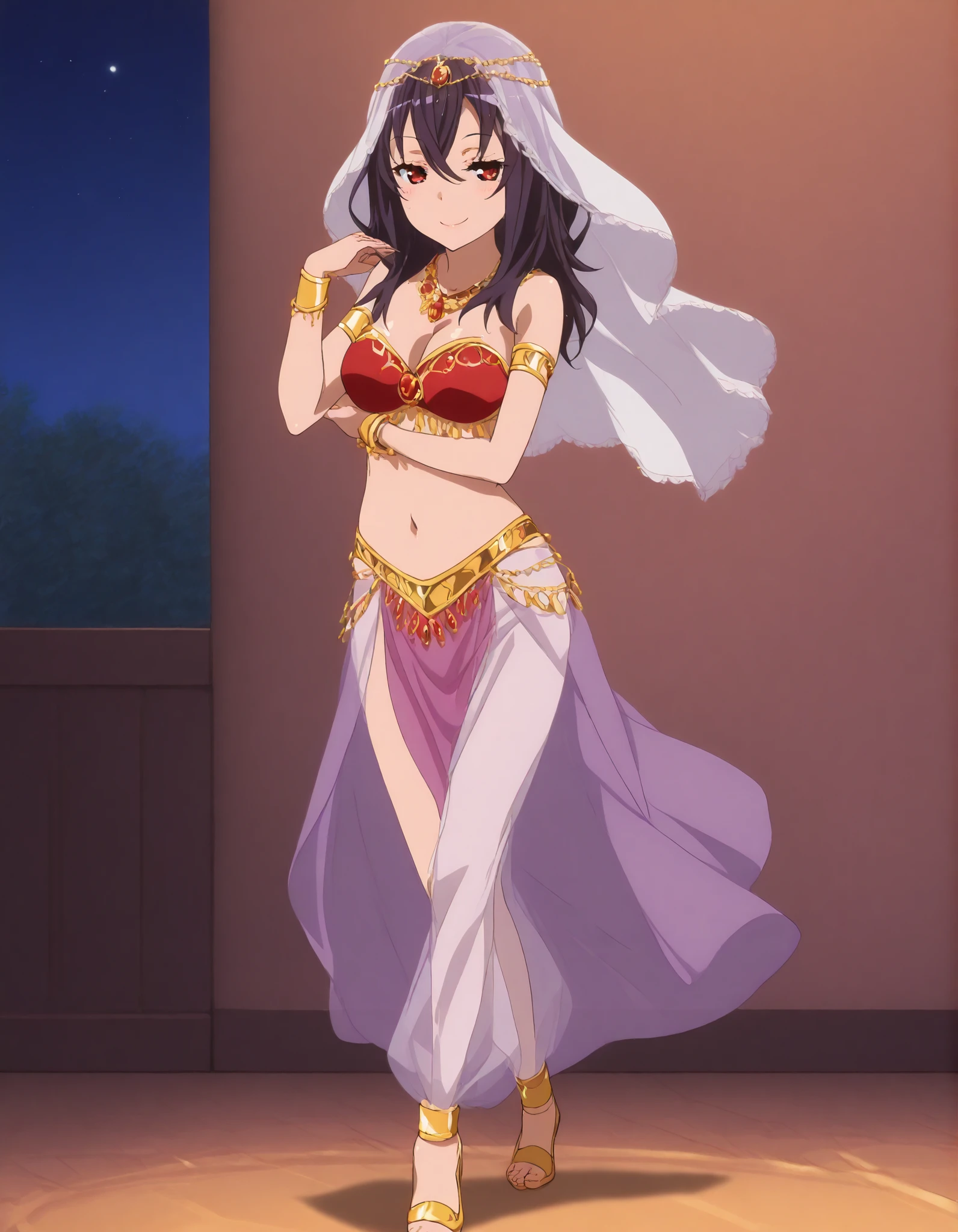 (1girl:1 . 5) , (Seul:1 . 5) , score_9 , score_8_haut , score_7_haut , source_anime , Official work , ultra-detailed , masterpiece , better quality , high resolution , beaux yeux , detailed eyes , Detailed face , beautiful detailed eyes ,HighSchool Fleet,Kuroki Hiromi,Arabian Clothes , Arabian Dancer ,belly dancer costume ,full body,golden jewelery,armlet, belly dancing,night,arabian garden,seductive smile, dancing with veil, dynamic movement,dance posture, pose