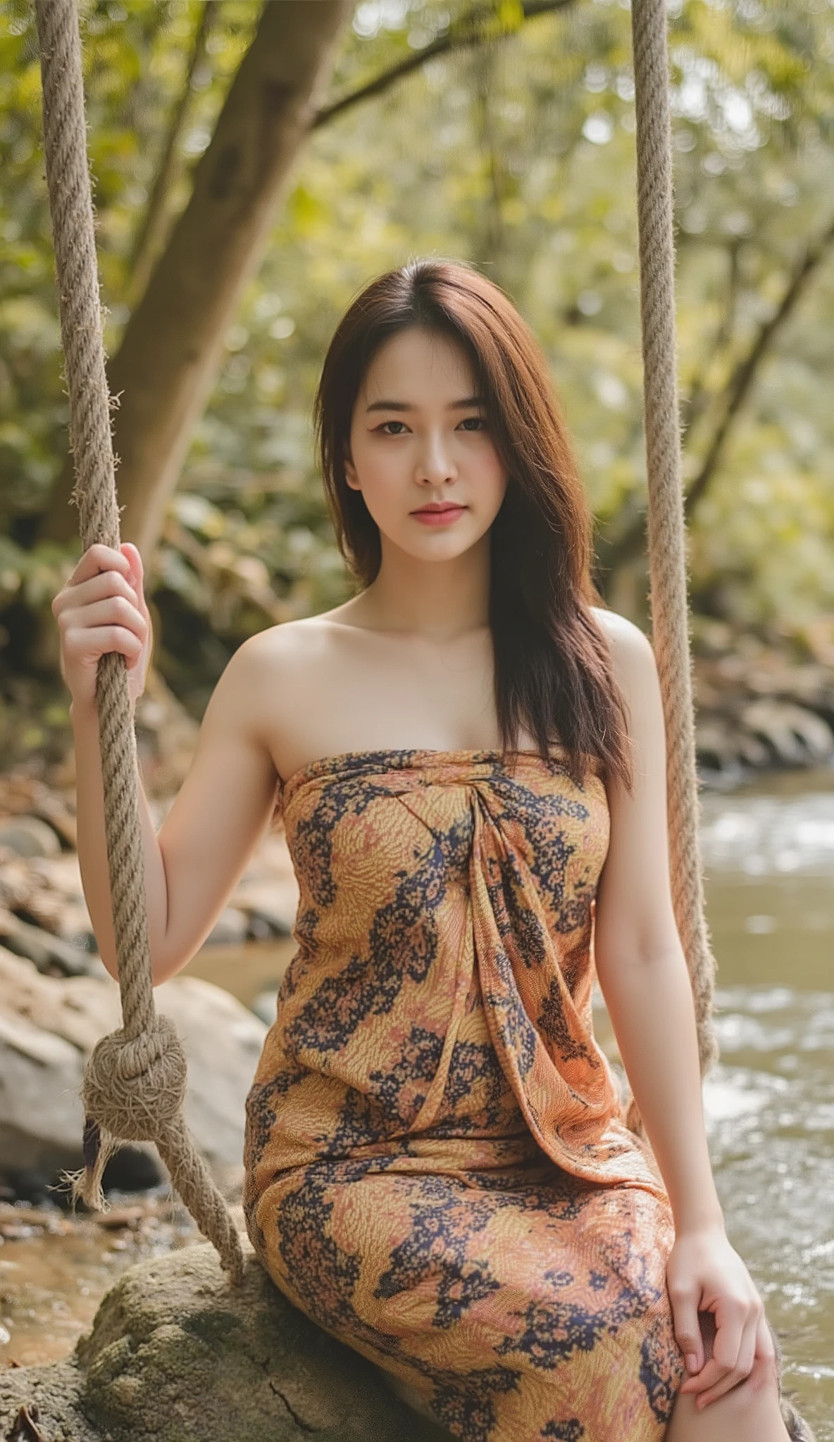 A tranquil riverside scene with a young woman beautiful tear drop breasts, sitting on a rope swing tied to a sturdy tree by the riverbank, gazing at the gentle flow of the clear water. She wears a Thai sarong, her hair softly swaying in the breeze. The warm light of the late afternoon filters through the lush greenery, casting dappled patterns on the ground and water. The atmosphere is peaceful and intimate, evoking a deep sense of harmony with nature, looking at viewer to camera, elegance pose, medium closeup shot,