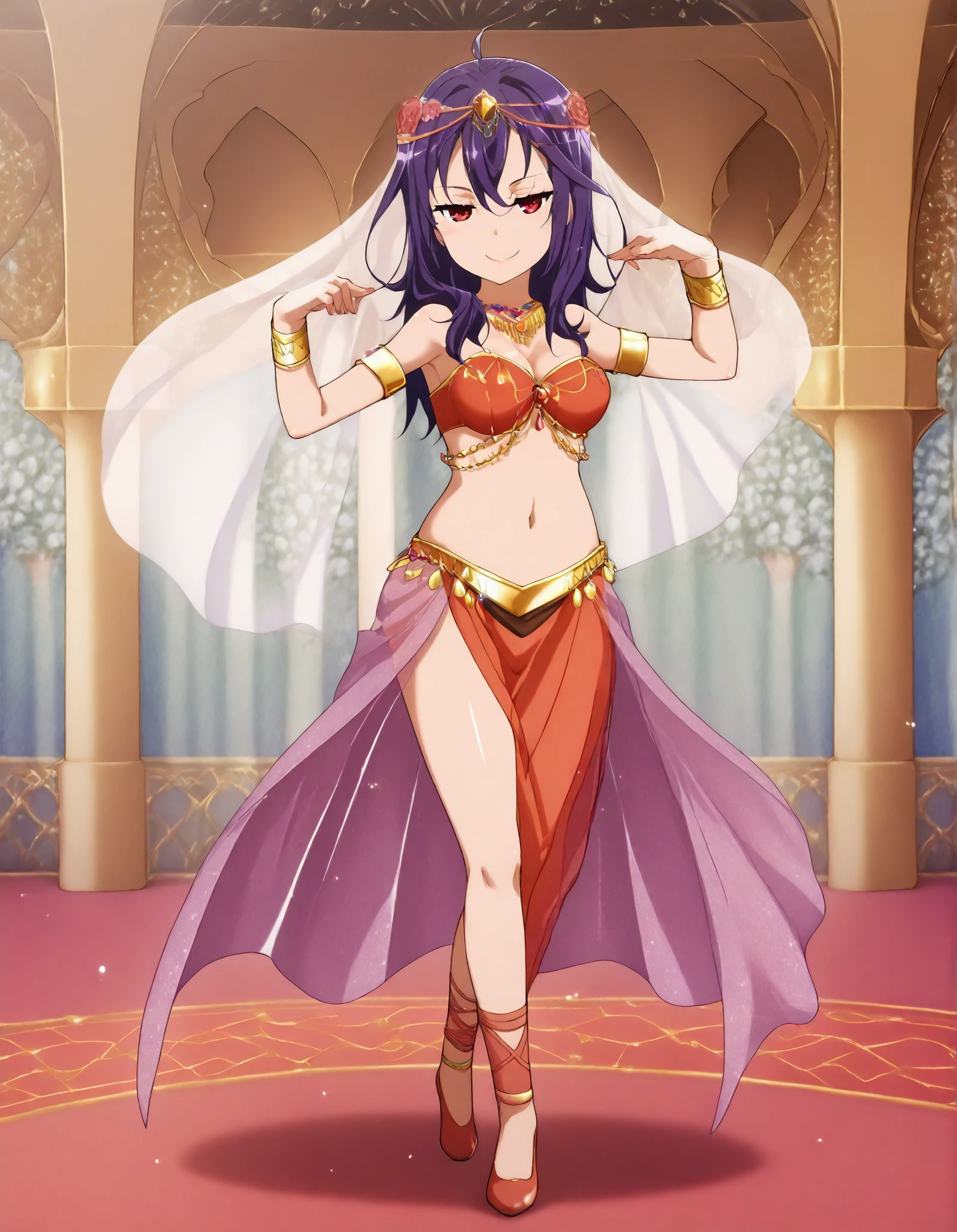 (1girl:1 . 5) , (Seul:1 . 5) , score_9 , score_8_haut , score_7_haut , source_anime , Official work , ultra-detailed , masterpiece , better quality , high resolution , beaux yeux , detailed eyes , Detailed face , beautiful detailed eyes ,HighSchool Fleet,Kuroki Hiromi,Arabian Clothes , Arabian Dancer ,belly dancer costume,belly dancer outift ,full body,golden jewelery,armlet, belly dancing,arabian garden,seductive smile, dancing with veil, dynamic movement,dance posture, pose