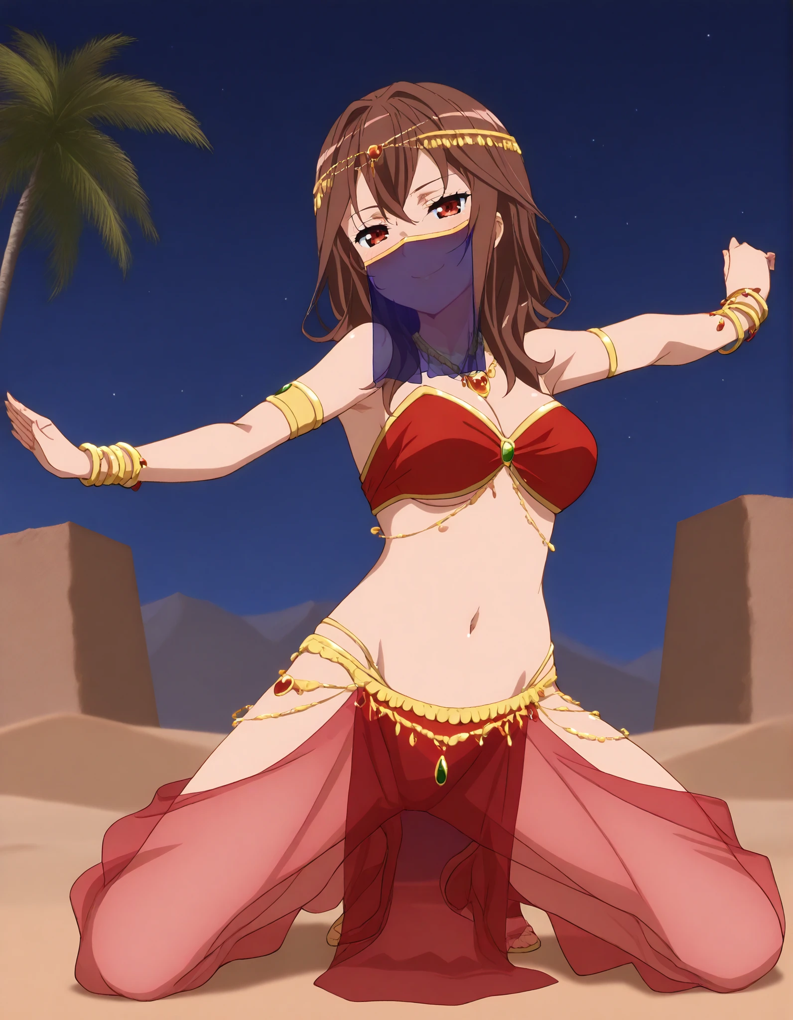 (1girl:1 . 5) , (Seul:1 . 5) , score_9 , score_8_haut , score_7_haut , source_anime , Official work , ultra-detailed , masterpiece , better quality , high resolution , beaux yeux , detailed eyes , Detailed face , beautiful detailed eyes ,HighSchool Fleet,Kuroki Hiromi,Arabian Clothes , Arabian Dancer ,belly dancer costume,belly dancer outift , ,full body,golden jewelery,mouth veil,armlet, belly dancing,night,desert lands,palm tree,seductive smile, dancing with veil, dynamic movement,dance posture, pose