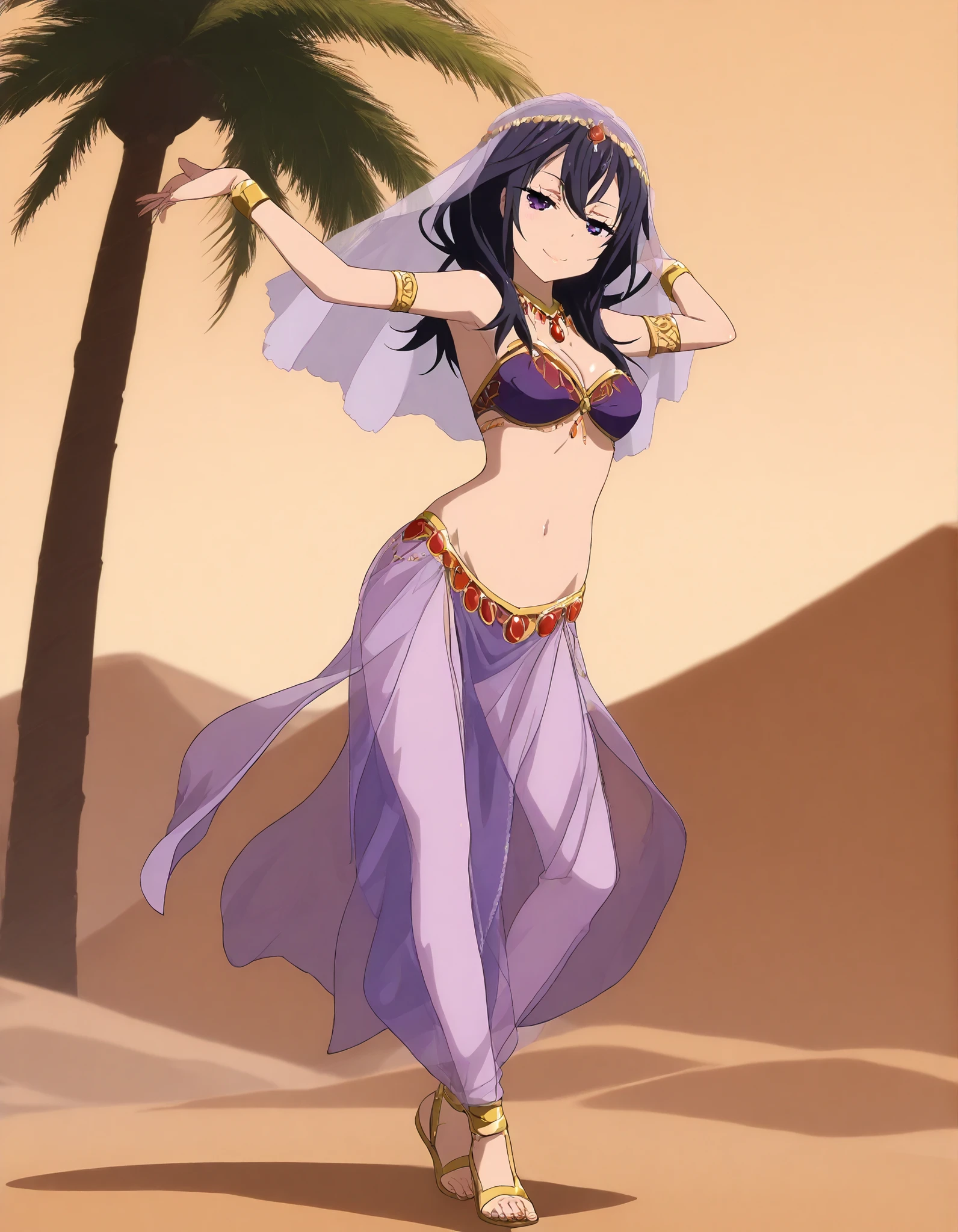 (1girl:1 . 5) , (Seul:1 . 5) , score_9 , score_8_haut , score_7_haut , source_anime , Official work  , ultra-detailed , masterpiece , better quality , high resolution , beaux yeux , detailed eyes , Detailed face , beautiful detailed eyes ,HighSchool Fleet,Kuroki Hiromi,Arabian Clothes , Arabian Dancer ,belly dancer costume,belly dancer outift,full body,golden jewelery,armlet, belly dancing,desert lands,palm tree,seductive smile, dancing with veil, dynamic movement,dance posture,  pose