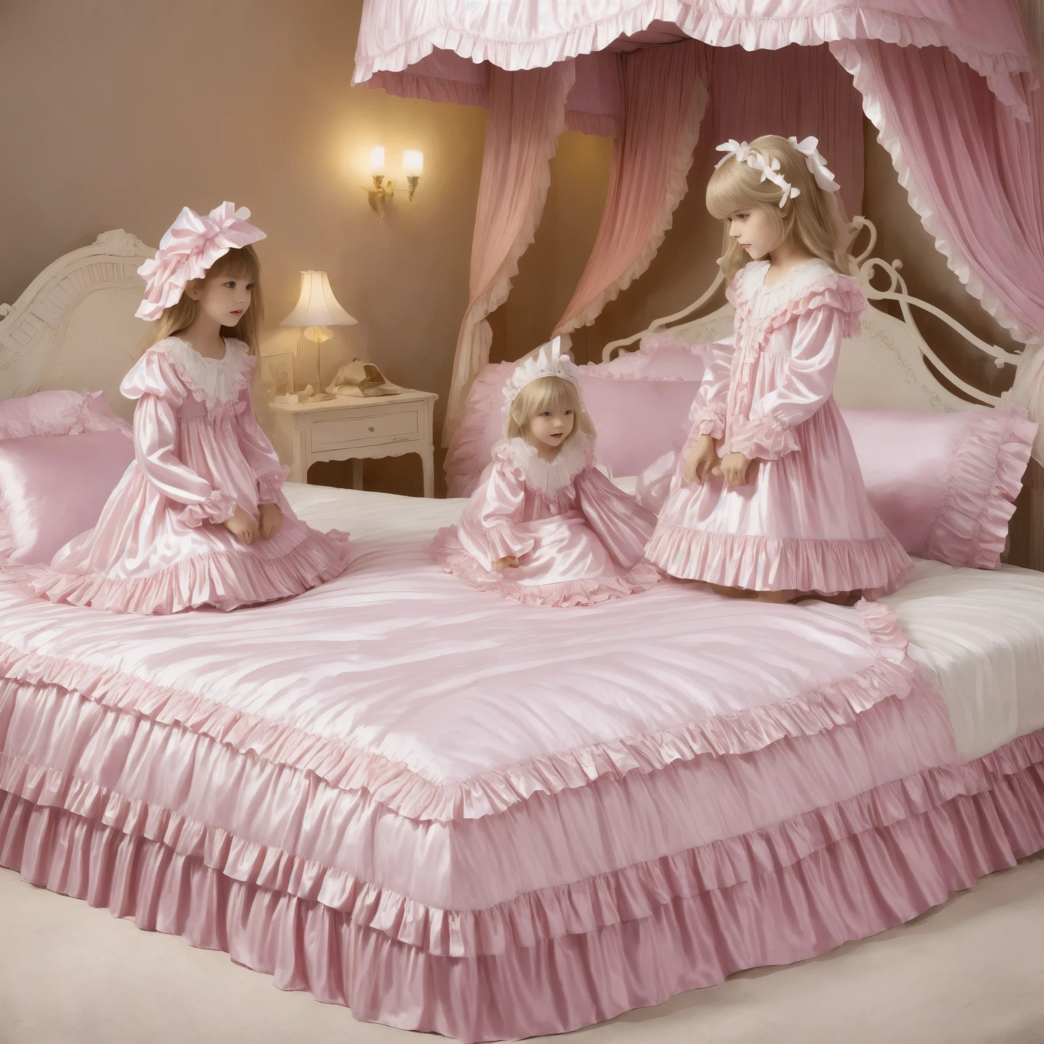 Highest Quality, masterpiece, highest resolution, art work, super get used to it, many Get used to it, Get used to it, get used to it,change,Before going to bed, ,Little Girl, on the bed,((大きなon the bedのかわいい女の子)),((Childhood )), ((Little Girls Pillow Fighting on the bed,Pillow Fight:1.2,)),They Have Ruffled Silk Satin Pillows,((lots of white feathers dancing,detailed realistic feather:1.0))((10 years old)),European,((long blonde hair:1.0)),(((white nightgown with lots of frills and ribbons,1920s style Victorian nightgown:1.2))),((frill nightcap with ribbon)),((Detailed Yoke Color with Ruffles and Ribbons,detailed ruffle placket:1.0)),((long sleeve,puff sleeve with ribbon,ruffle sleeve)),((ruffle long skirt up to the ankle:1.0)),((the whole body is shown)),(of the goddess),(Men wearing),detailed night view and the moon in the window,Before going to bed,white ruffle socks, Big Bed with Lots of ruffled cushion with necklace,Luxury Canopy Bed , ,four-poster canopy bed,king size bed,big bed,ruffled cushion with necklace,More pillows, Soft and smooth comforter,round plump comforter,Ruffled lace silk.retro white pipe bed frame, realistic,((Out of frame bigger king size bed:1.2)),  Frilled Drapes  ,