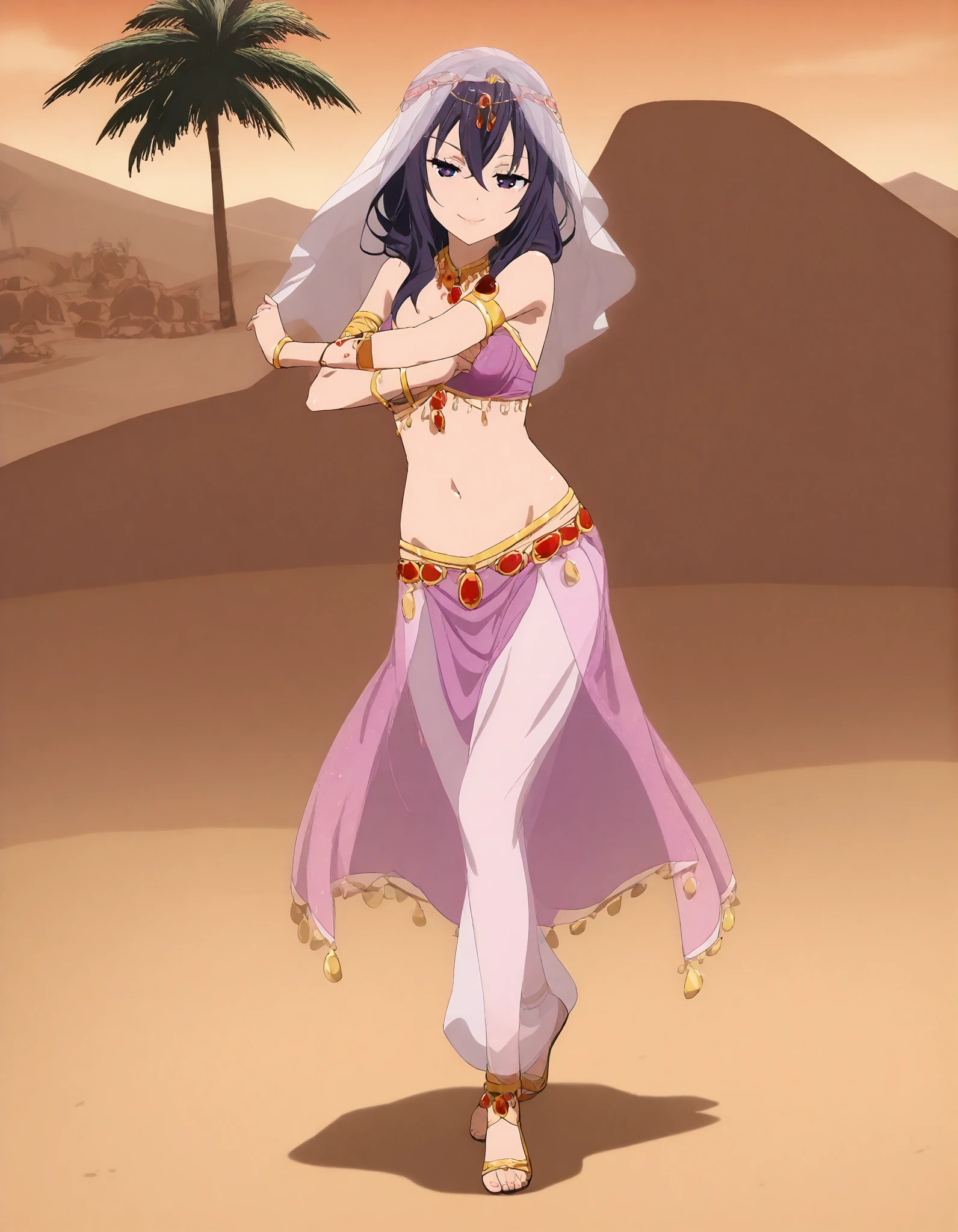 (1girl:1 . 5) , (Seul:1 . 5) , score_9 , score_8_haut , score_7_haut , source_anime , Official work  , ultra-detailed , masterpiece , better quality , high resolution , beaux yeux , detailed eyes , Detailed face , beautiful detailed eyes ,HighSchool Fleet,Kuroki Hiromi,Arabian Clothes , Arabian Dancer ,belly dancer costume,belly dancer outift,full body,golden jewelery,armlet, belly dancing,desert lands,palm tree,seductive smile, dancing with veil, dynamic movement,dance posture,  pose